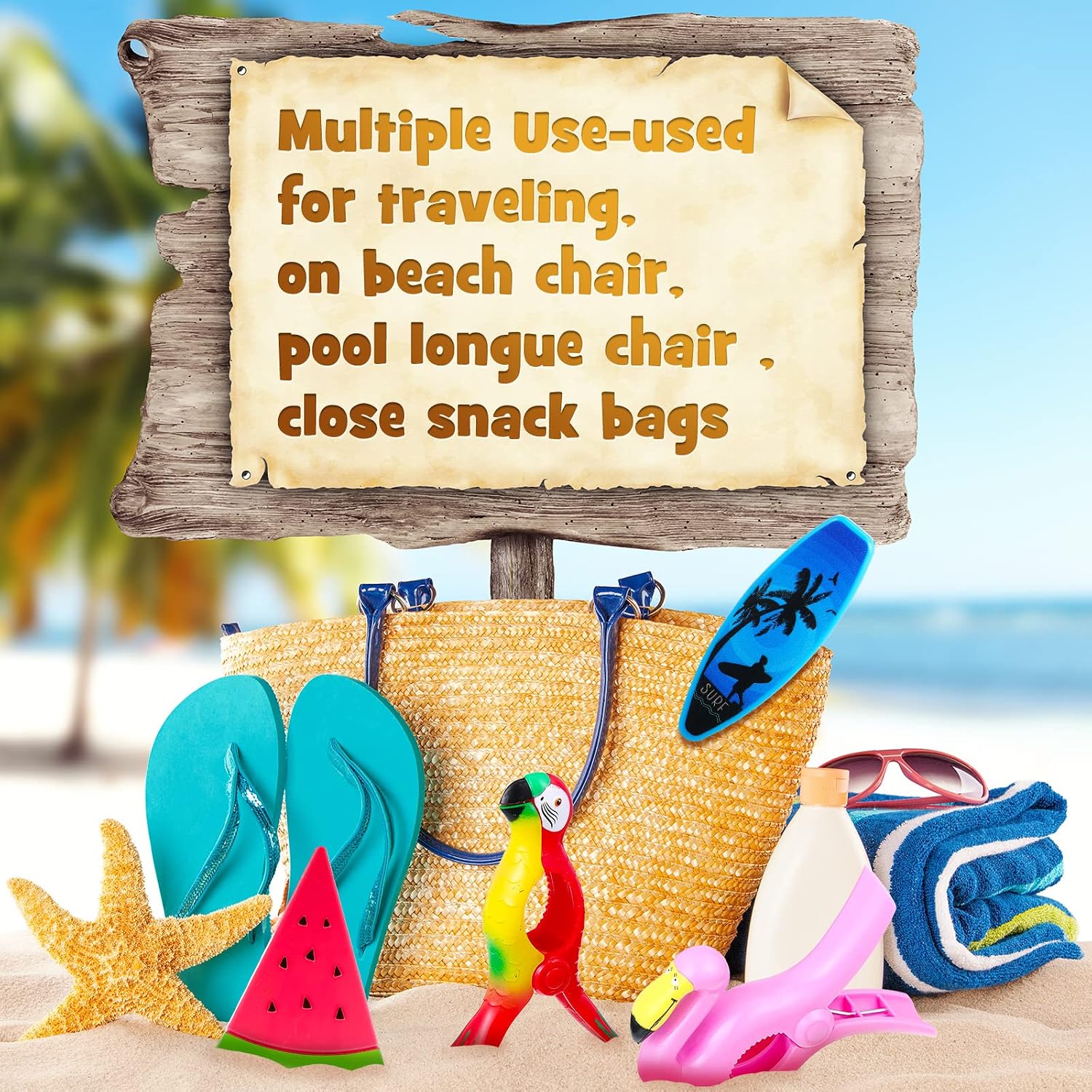 8 Pcs Beach Towel Clips for Beach Chairs Flamingo Surfboard