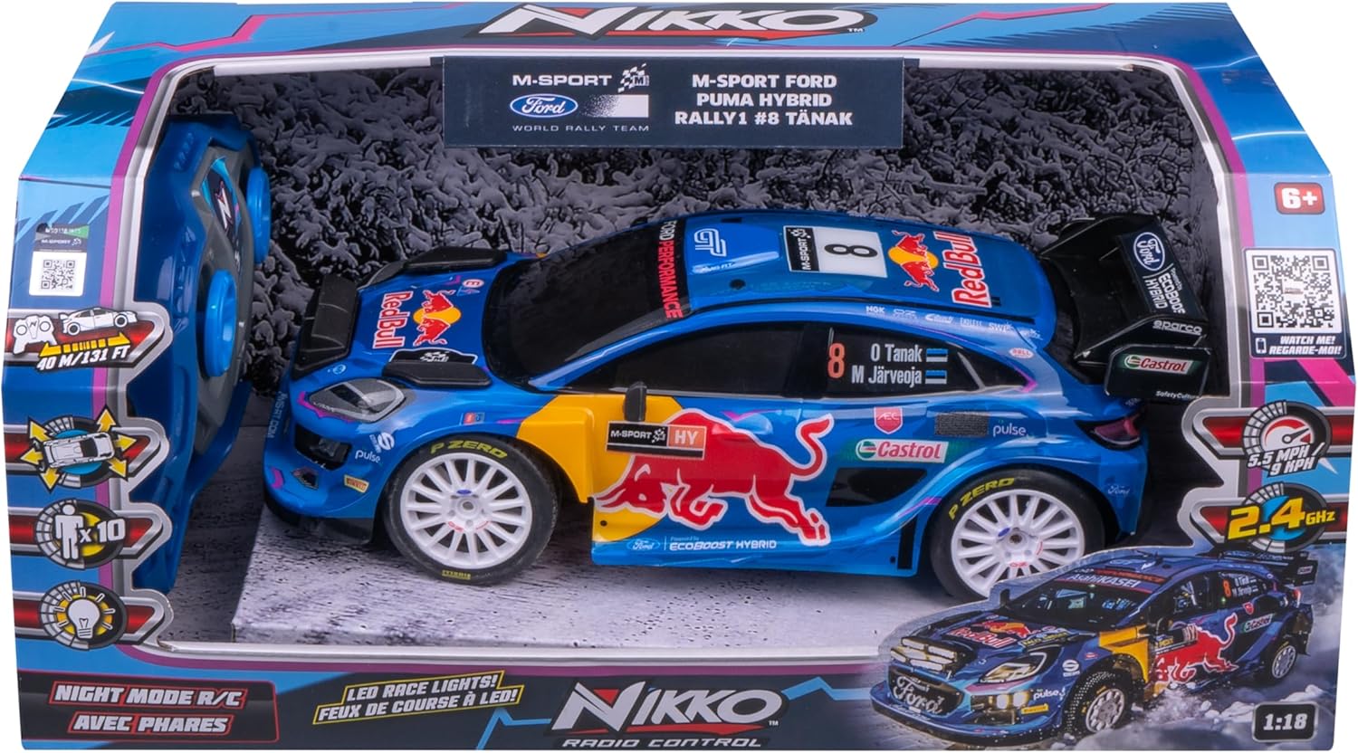 Nikko RC 10393 Night Mode M-Sport Ford Puma Hybrid #8 Tänak, Remote Control Car with LED Headlights, 25 cm, 2.4 GHz Remote Control, 40 m Range, for Children from 6 Years, Blue