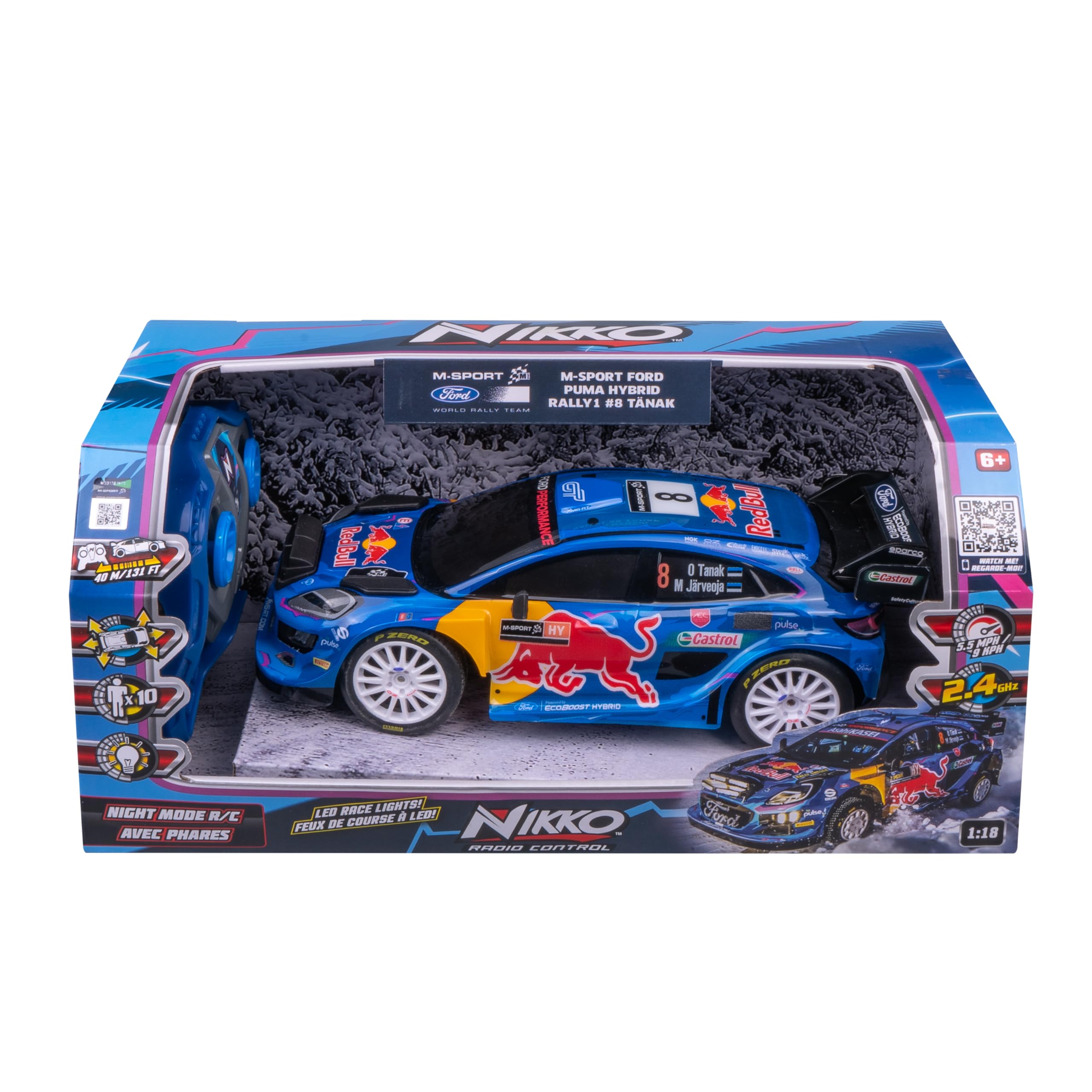 Nikko RC 10393 Night Mode M-Sport Ford Puma Hybrid #8 Tänak Voiture télécommandée avec phares LED, 25 cm, télécommande 2,4 GHz, portée de 40 m, pour Enfants à partir de 6 Ans, Bleue