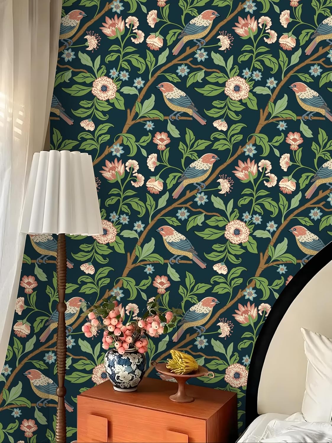 HAOKHOME Chinoiserie Wallpaper Floral Birds Peel and Stick Wall Paper Vintage Navy/Green/Brown Forest Contact Paper Removable Self Adhesive Wall Decor for Bathroom Bedroom 17.3in x 9.8ft