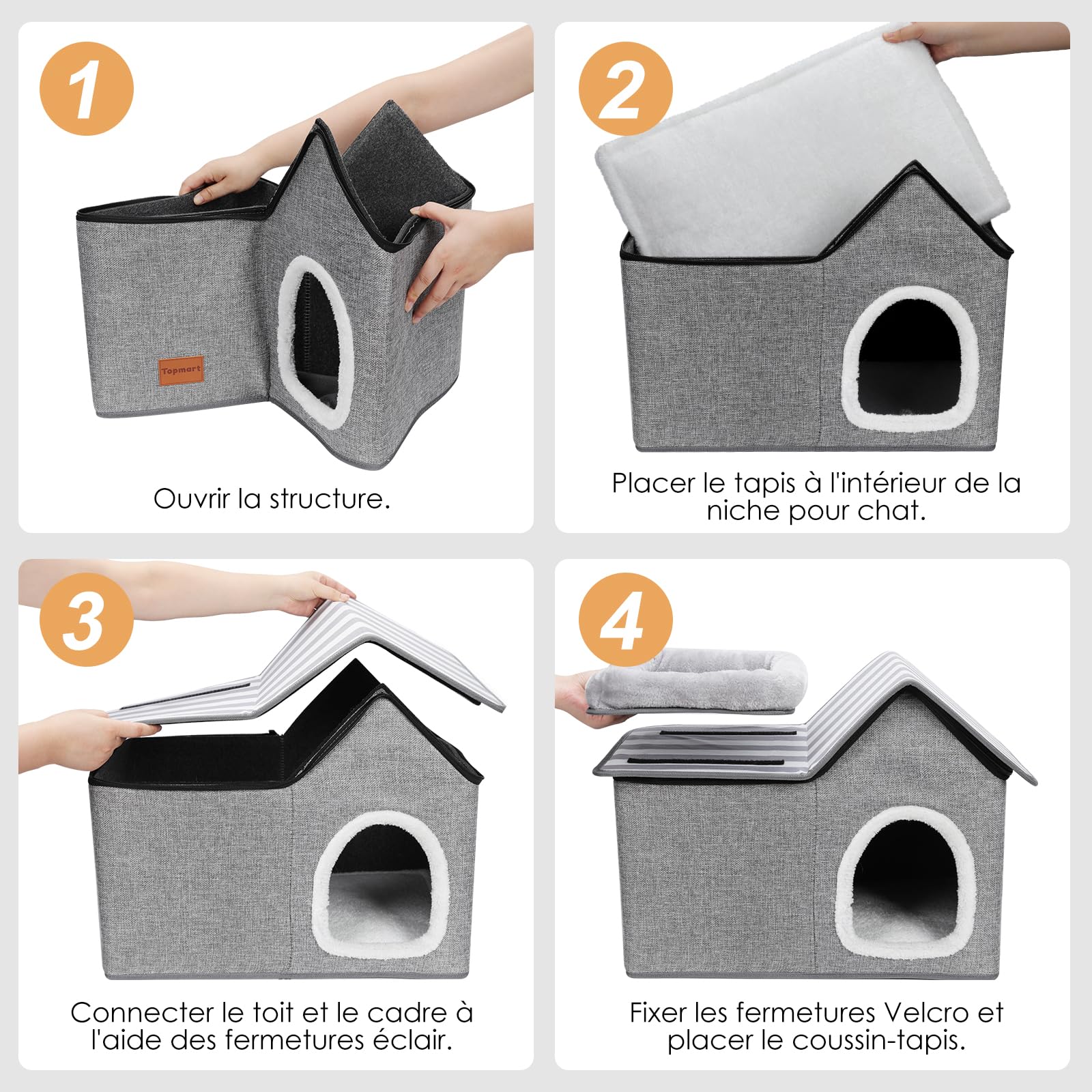 Masthome Niche pour Chat Intérieur Semi-Ouverte, Maison pour Chat 2 Étages sans Assemblage, Lit Pliable avec Coussin Amovible en Lin Respirant, Confortable pour Chatons et Petits Chiens Gris