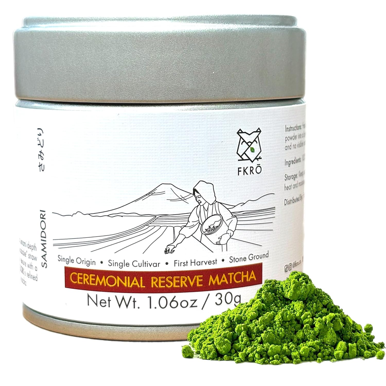 FKRO Samidori Limited Reserve Ceremonial Grade Matcha Green Tea Powder from Sonogi, Japan. Single Cultivar, 1st Harvest, Shaded, Stone-Ground. Flown in Fresh Monthly (30g/1.06oz) Tin