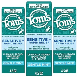 Tom's of Maine Rapid Relief Plus Sensitive Teeth Toothpaste, Fluoride Free, Gentle Mint, 4.5 Oz, 3 Pack, Clinically Proven Enamel Safe, Builds Arginine and Calcium Shield Around Teeth