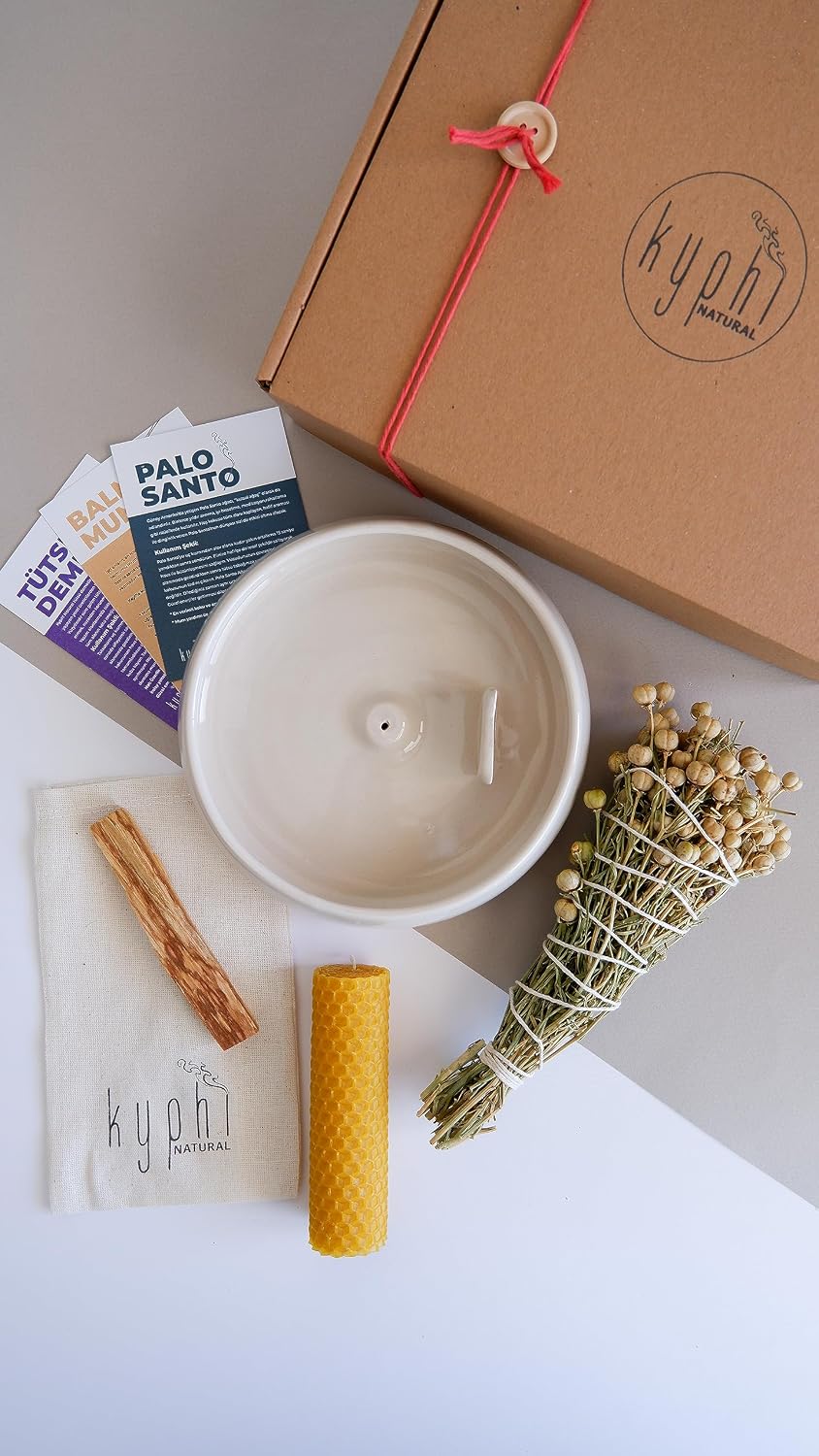El Yapımı Seramik Tütsülük, Üzerlik(Nazar) Otu Tütsü,Balmumu, Palo Santo Tütsü (Koza(Bej) Tütsülük, Üzerlik(Nazar) Otu Tütsü Demeti, Palo Santo Ağaç Tütsü ve Balmumu mum : Tütsü Seti)