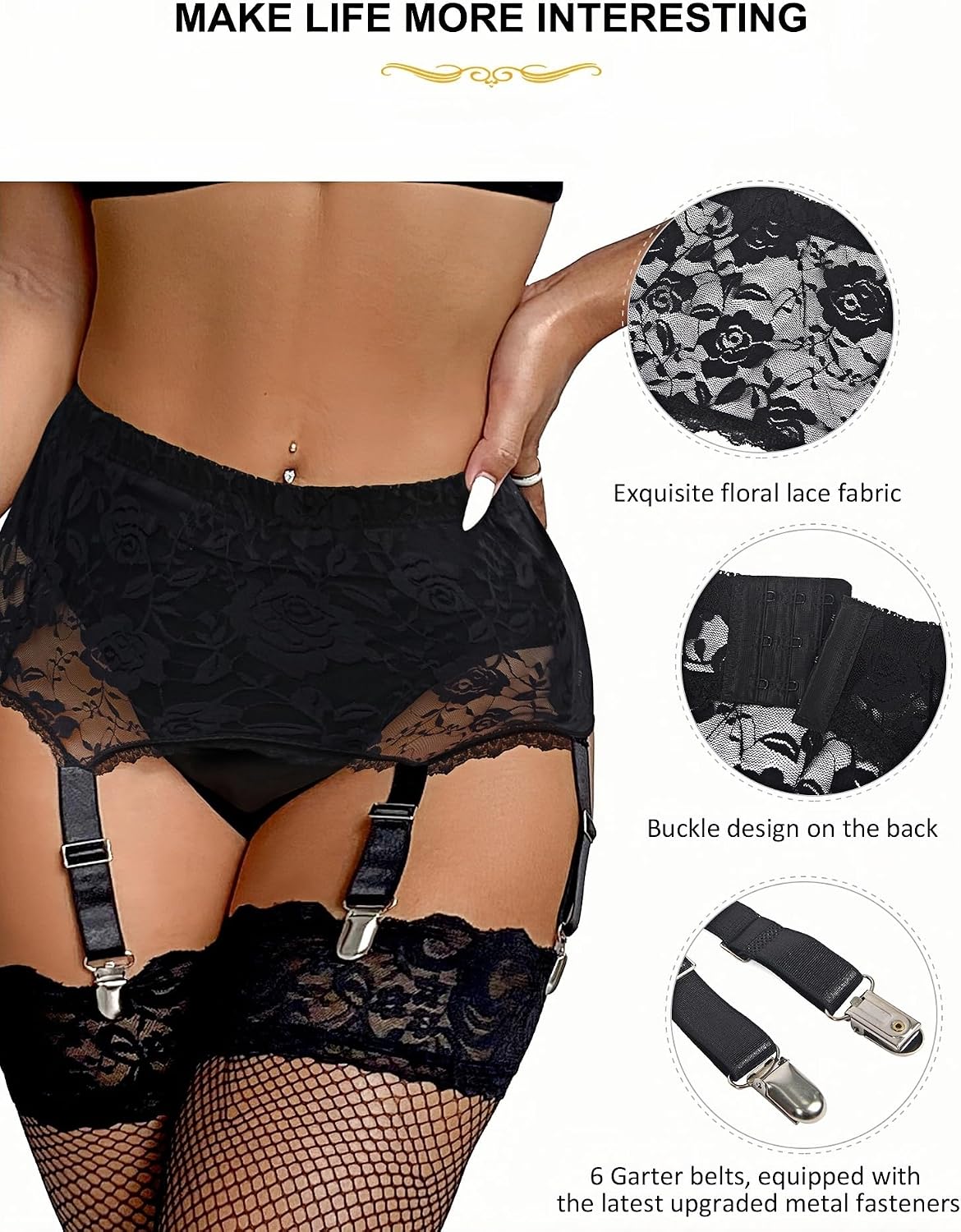 ohmydear Plus Size Floral Lace Garter Belt with 6 Metal Clips Sexy Sheer Lingerie See Through Garters for Thigh Highs XS-4XL