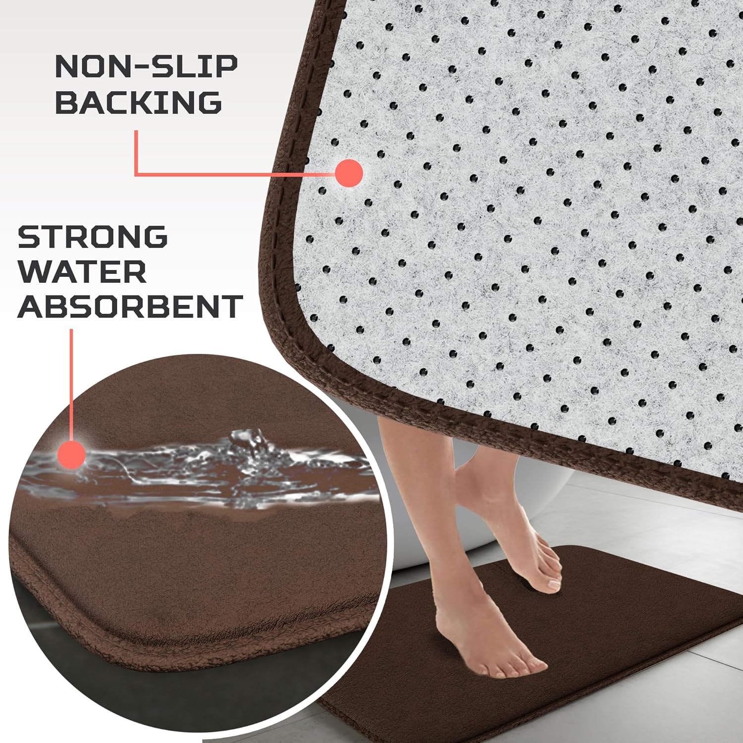 5-Piece Bathroom Rug Set - Memory Foam Bath Mats, Non-Slip, Ultra-Soft, Water Absorbent, Machine Washable Bathroom Rugs - Brown