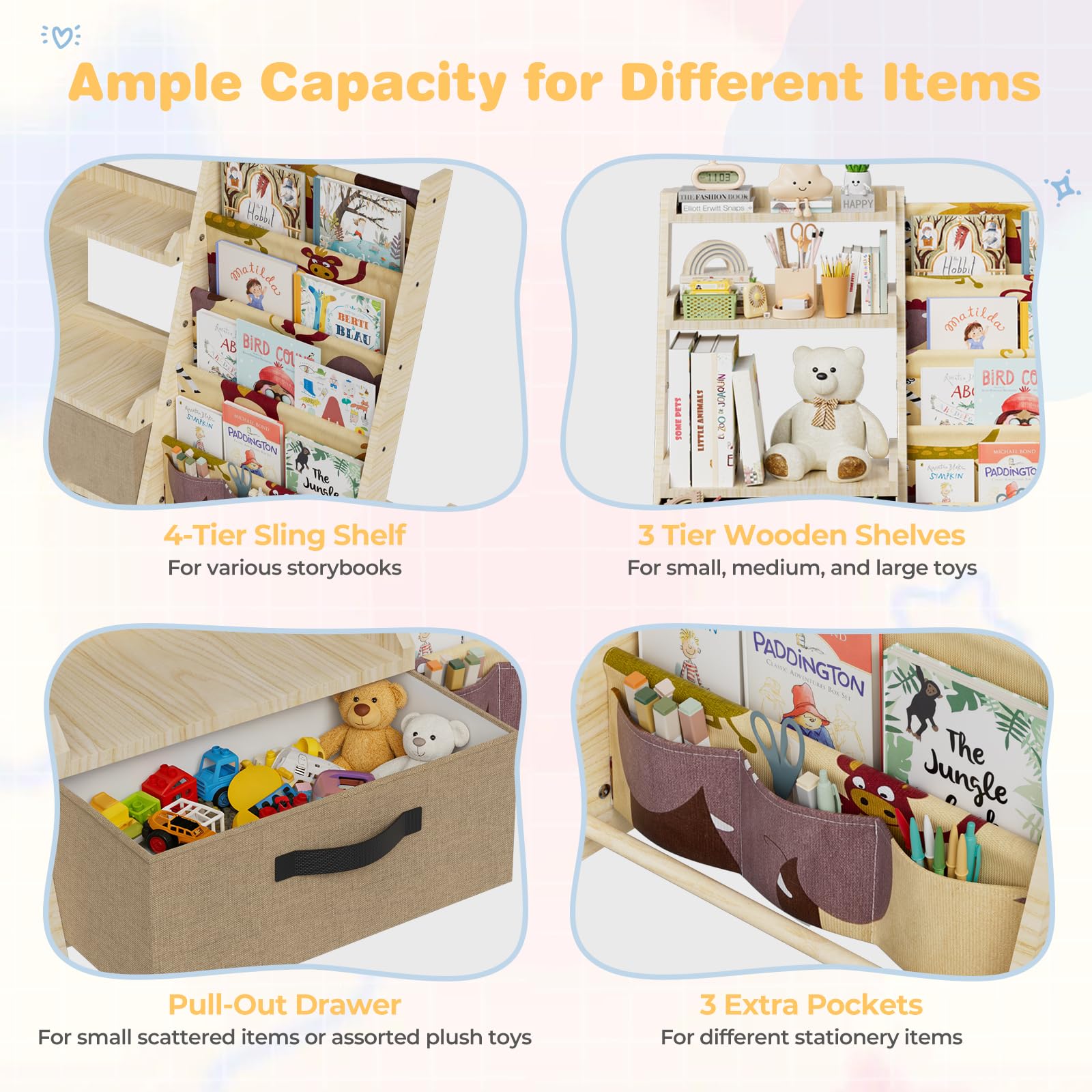 Scaffale per bambini con organizer per giocattoli 2 in 1 – Libreria in legno e tessuto con 4 scomparti, cassetto e tasche portapenne, scaffale sicuro per bambini, altezza 68 cm, per cameretta dei