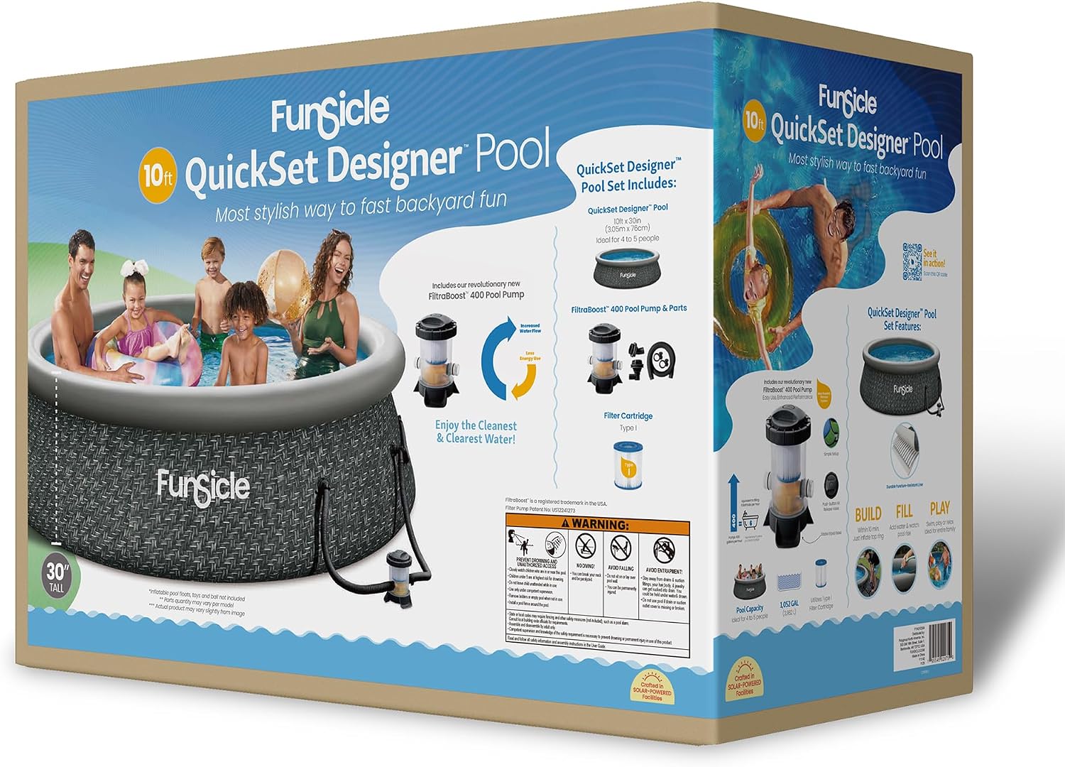Funsicle Quickset Designer 10' x 30" Round Above Ground Swimming Pool, with FiltraBoost 400 GPH Filter Pump, Type I Filter Cartridge & Repair Patch, Dark Herringbone