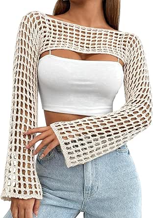 SHENHE Women's Strawberry Print Crochet Crop Sweater - Y2K Hollow Out Knit Shrug