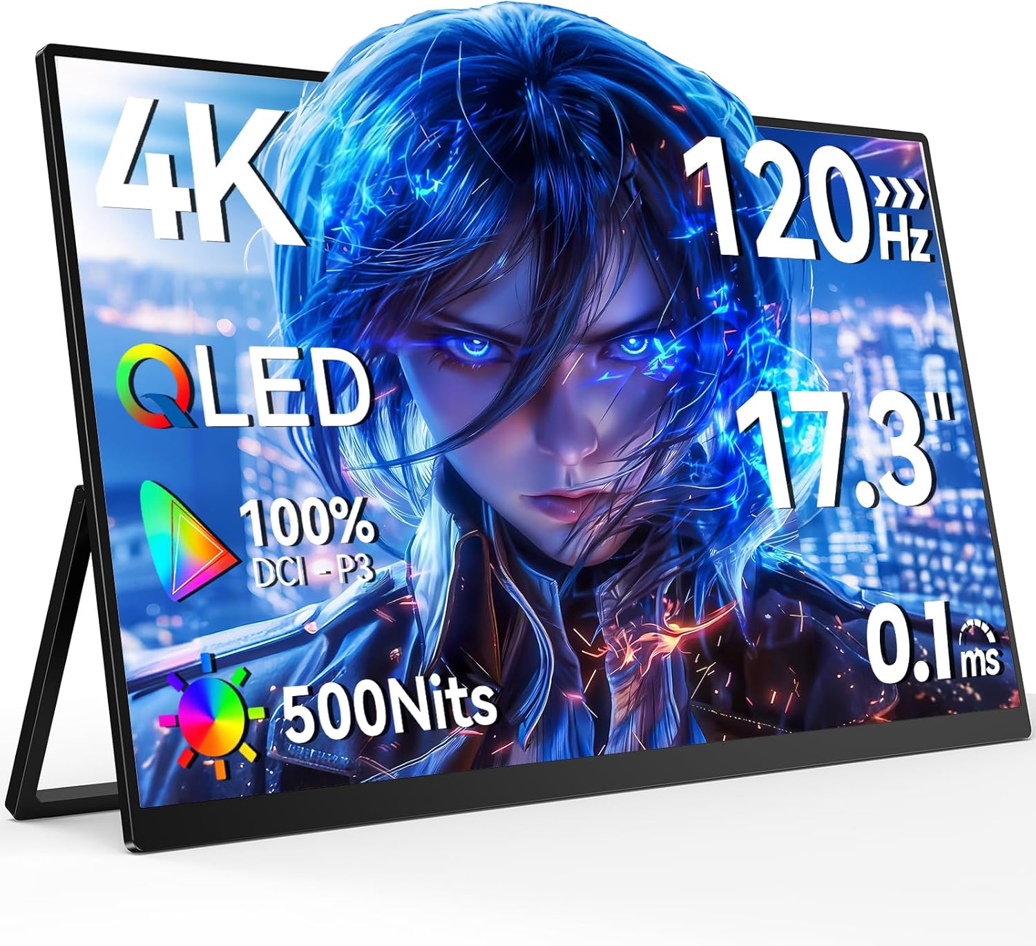 Newsoul 4K QLED Portable Monitor 3840*2160 UHD 120Hz Gaming Monitor 100% DCI-P3, 2000:1 Contrast, FreeSync 0.1ms, Built-in Stand & Speaker, USB-C HDMI Portable Screen for Laptop, Phone, Game Console