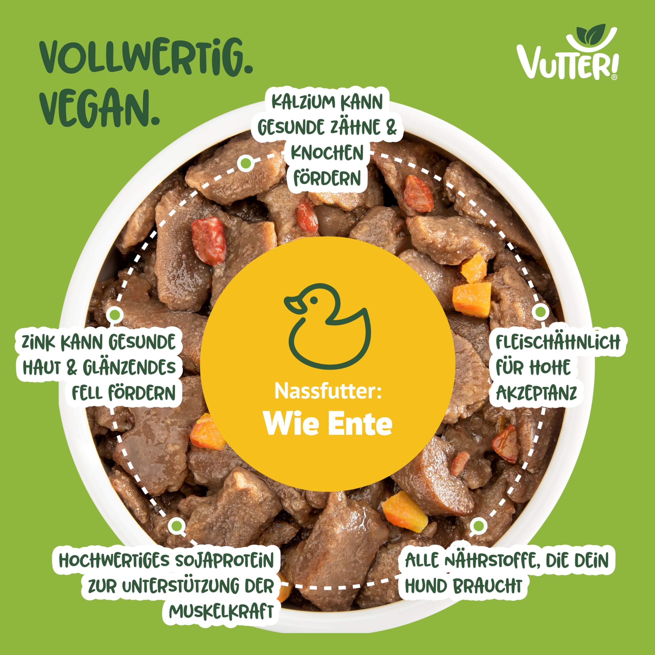 VUTTER Nassfutter Wie Ente, 24x400 g: Hundefutter Vegan - Alleinfutter für Hunde - Fleischähnlich für hohe Akzeptanz - Sojaprotein für Muskeln, Zink für Haut & Fell, Kalzium für Zähne & Knochen