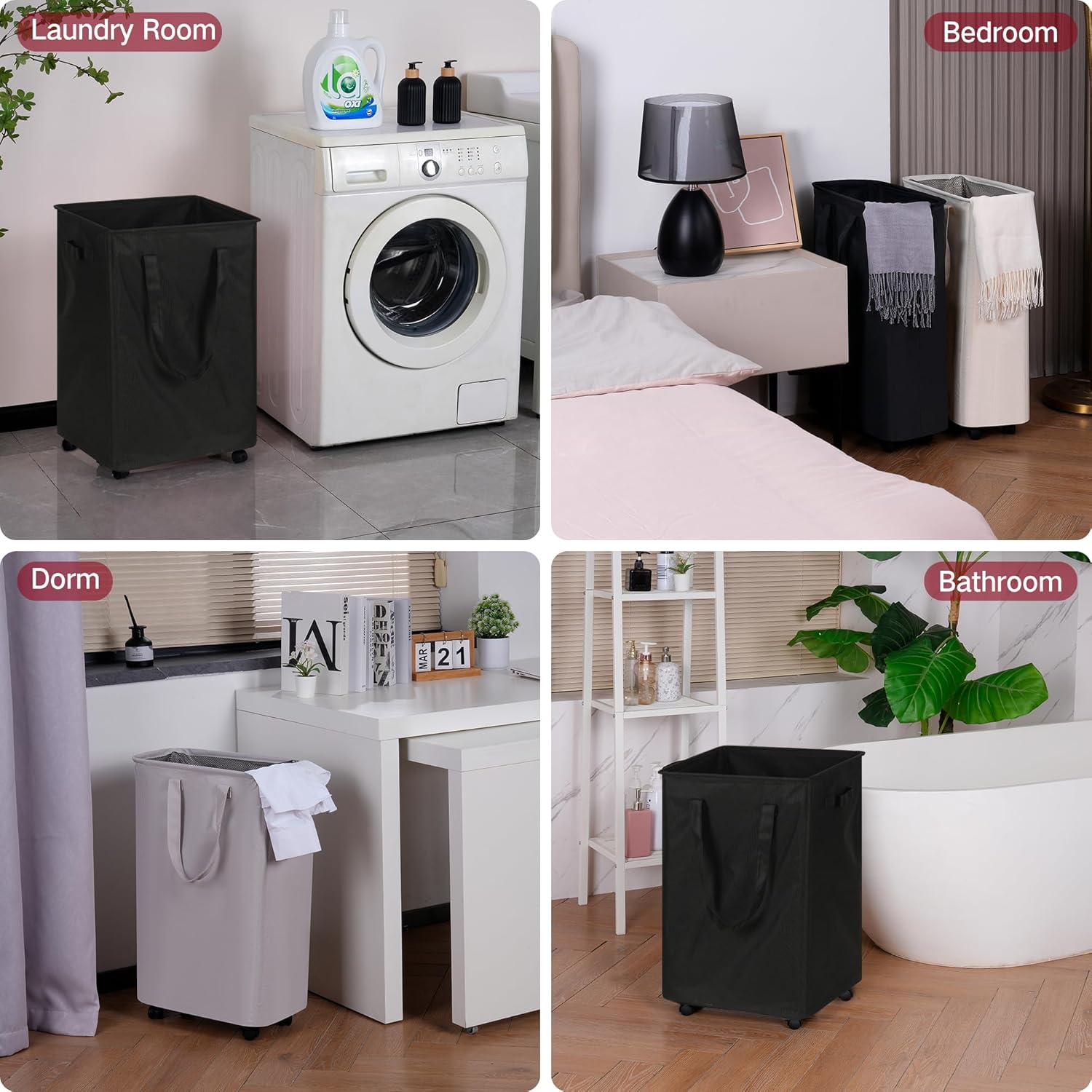efluky Slim Laundry Hamper with Wheels, Rolling Laundry Basket for Clothes, Small Laundry Basket for Bedroom, Dorm and Laundry Room, 90L (19.8 Gallons) Black