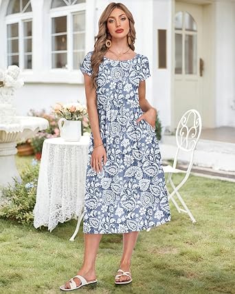AUSELILY Women's Summer Short Sleeve Midi Dresses Loose Dress with Pockets