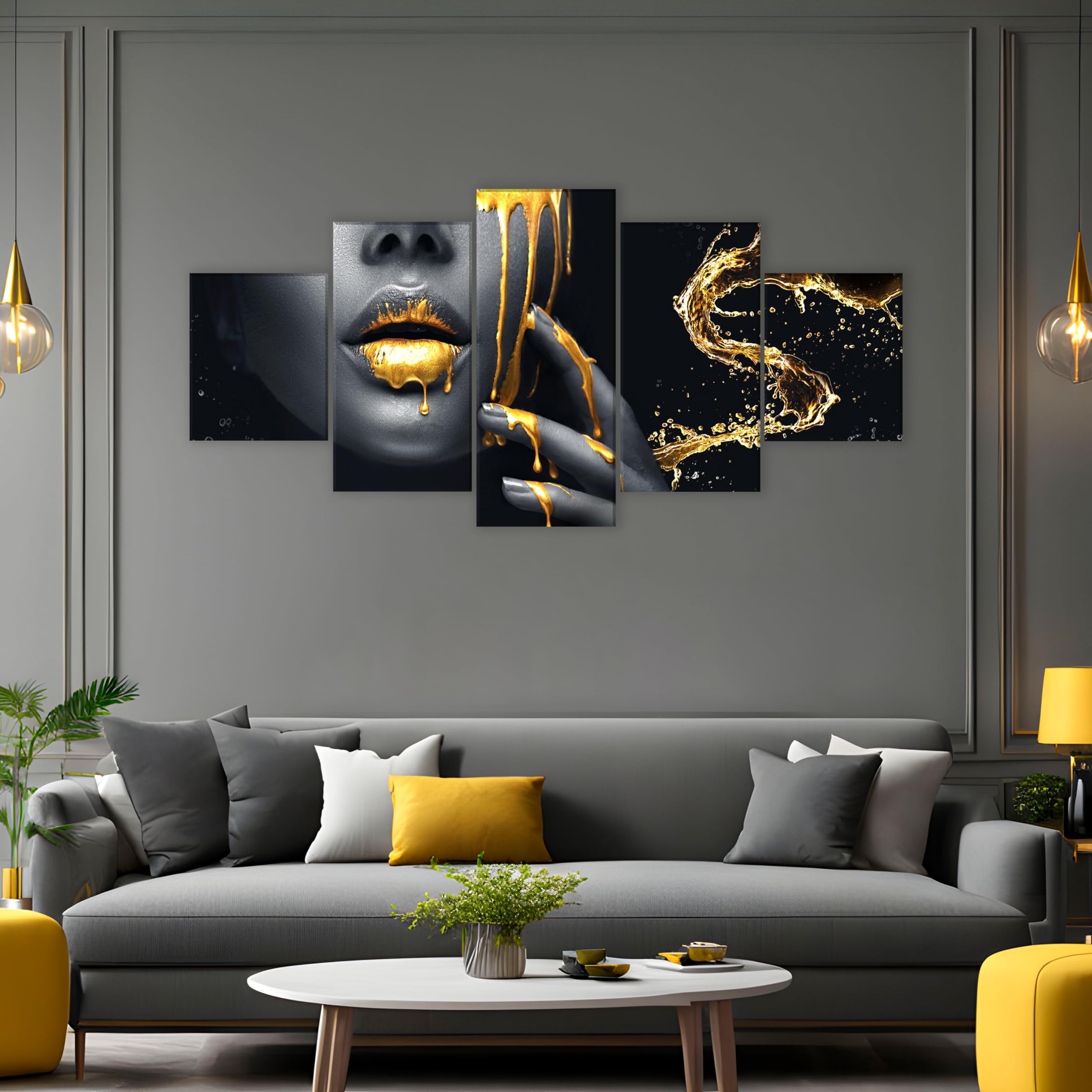 Runa Art - Cuadros Decorativos labios dorados 200 x 100 cm 5 Piezas XXL Decoracion de Pared Diseño oro negro 041551a