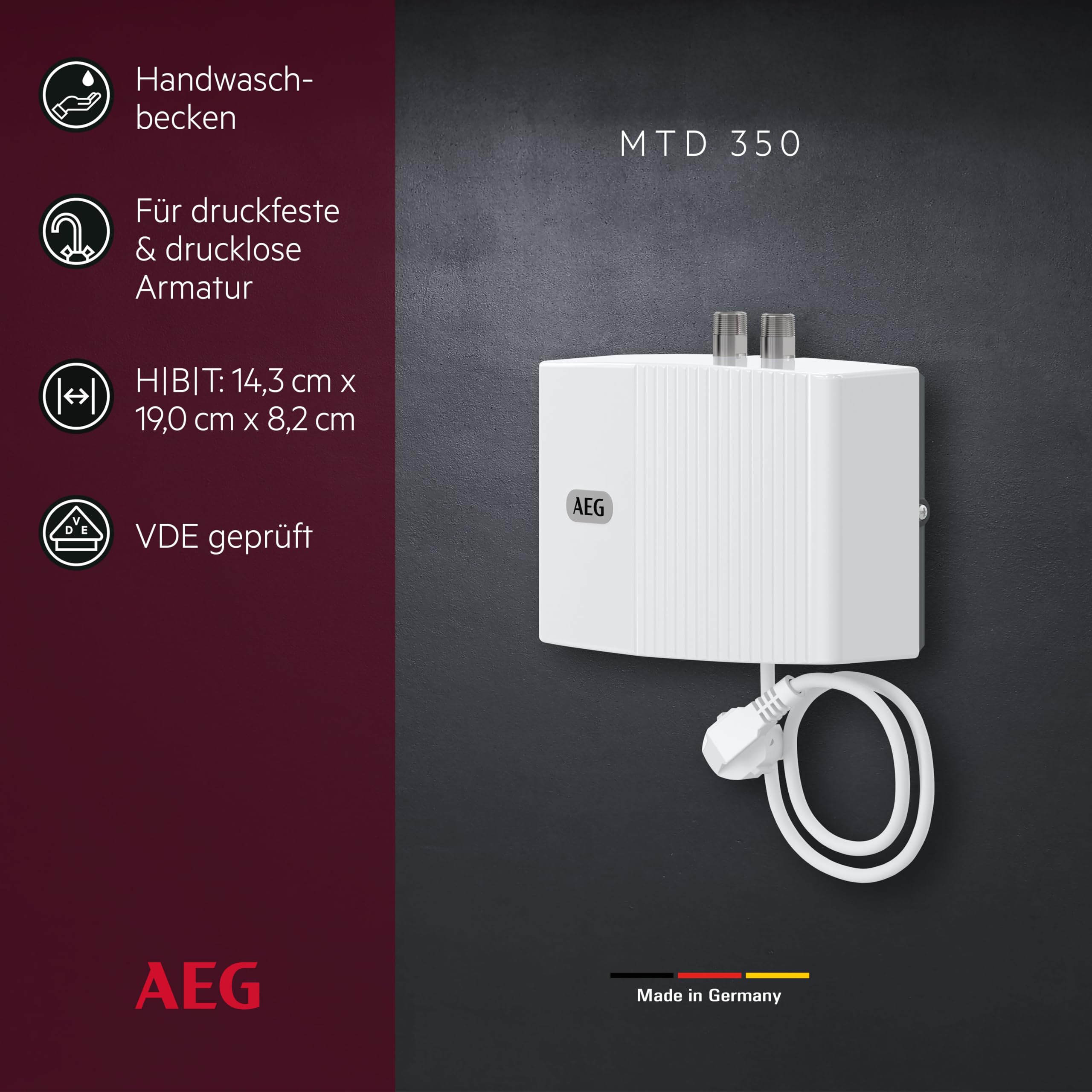 AEG hydraulischer Klein-Durchlauferhitzer MTD 350 fürs Handwaschbecken im Gäste-WC, 3,5 kW, mit Stecker 230V, druckfest + drucklos, Made in Germany, VDE geprüft