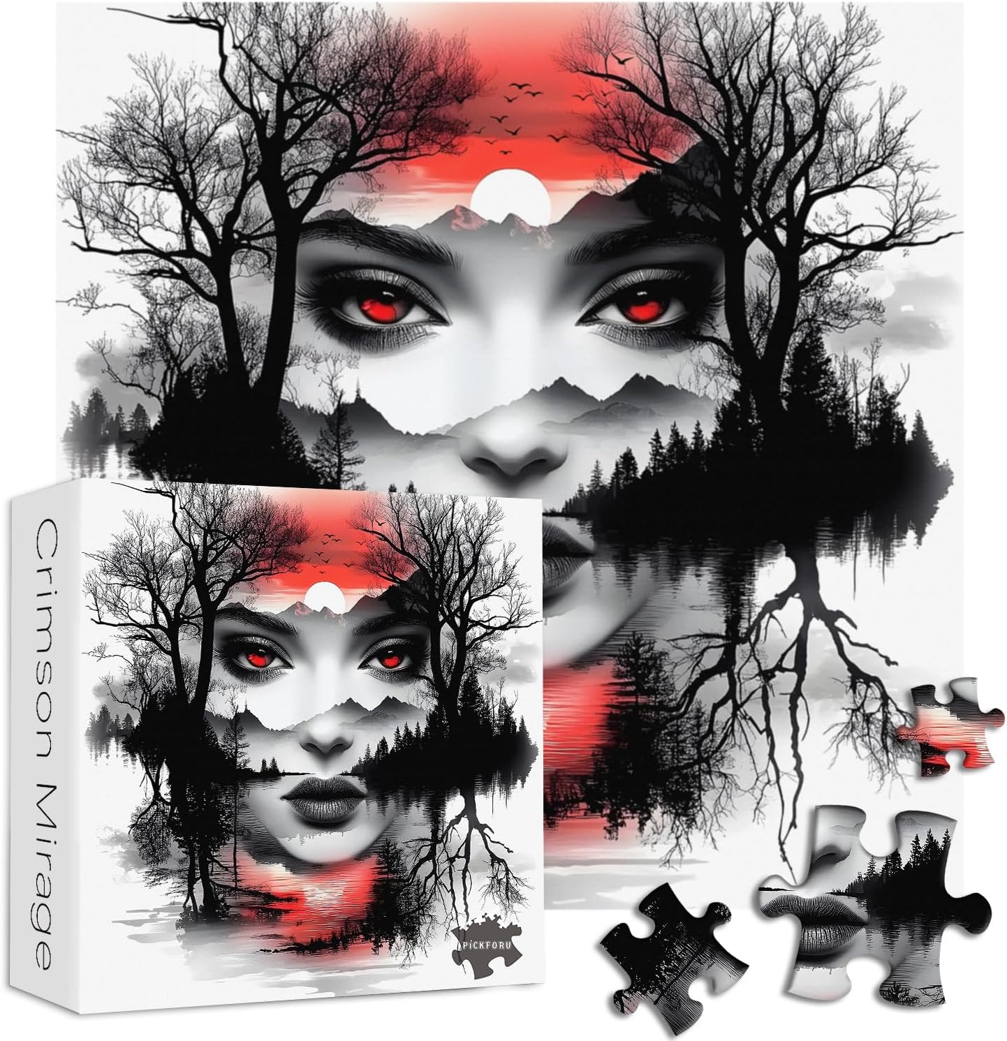 Nature Puzzles for Adults 1000 Pieces, PICKFORU Unique Lake Tree Scenery Puzzles Fairy Bird, Difficult Sunset Mountain Forest Art Theme as Home Decor