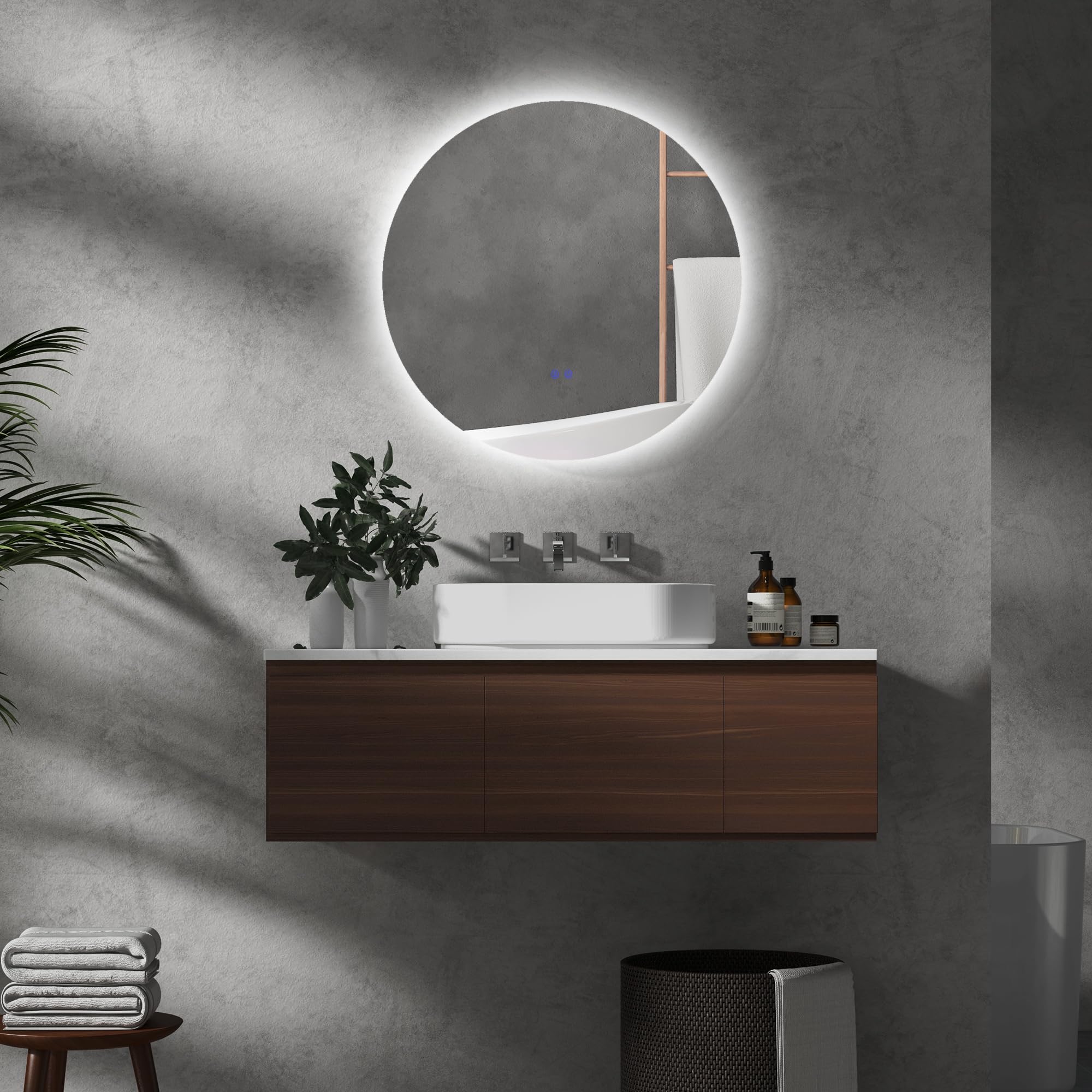 kleankin Espejo Redondo Iluminado LED Espejo de Pared para baño 70 cm con luz Interruptor táctil Sistema antivaho Brillo Regulable 35W Blanco y Plata