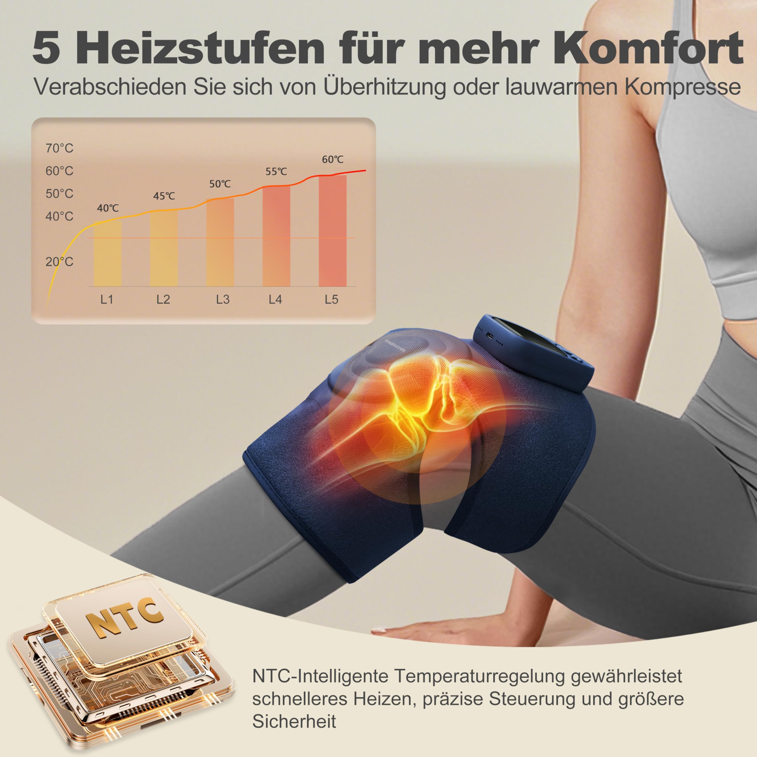 KingPavonini Knie Massagegerät mit Wärme, Knieschmerzen, Blau 1.0 | Kabellose Kniebandage Massagegerät, 4 Motoren Vibration, 2X Massagefläche, 5 Hitzestufen, 6 Modi, Geschenke für Mama Papa