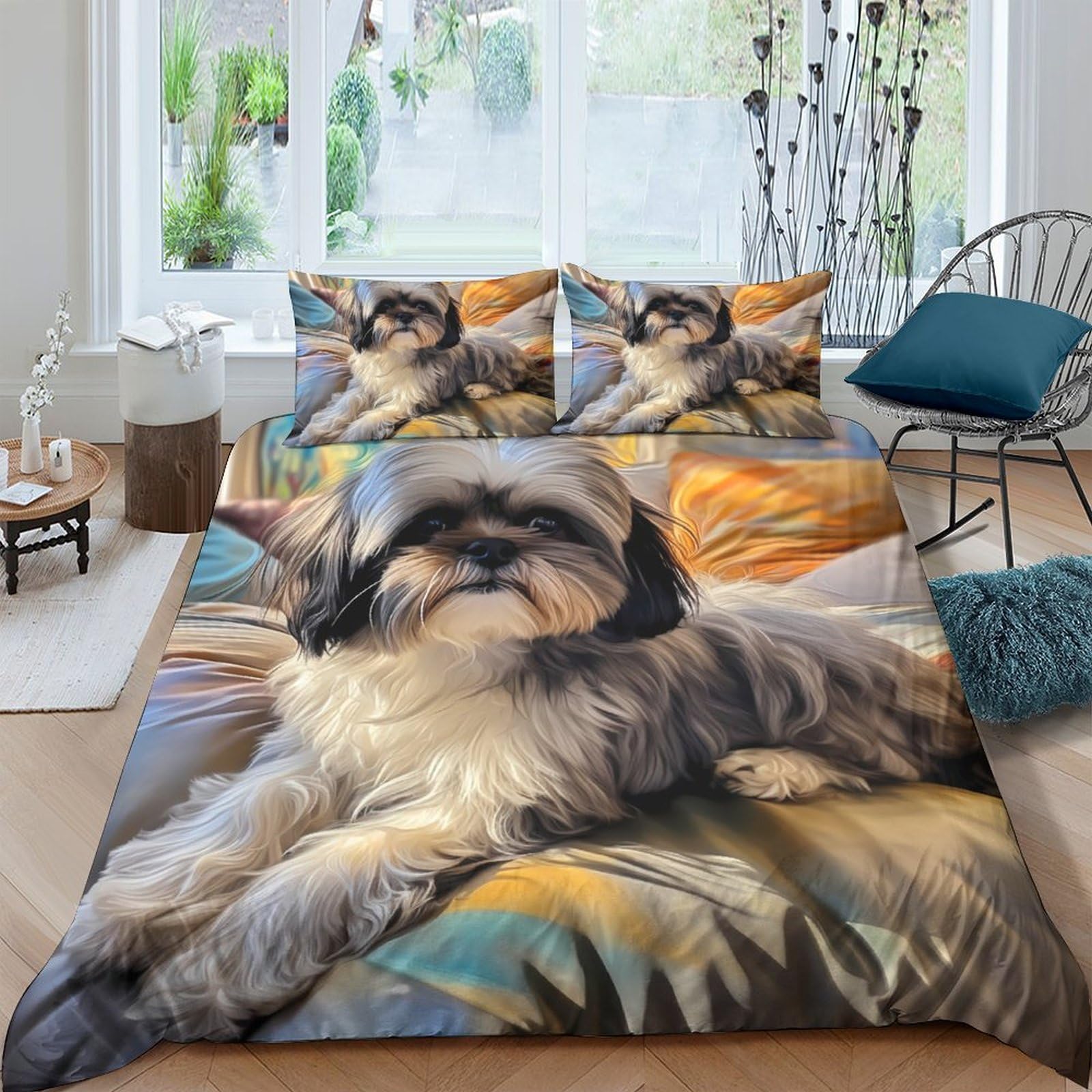 GPLZQXKJNH 3D Printed Shih Tzu Dog Duvet Cover Microfiber Soft Breathable Realistic Pet Quilt Cover Set with 2 Pillowcases for Bedroom Decor Single（135x200cm）