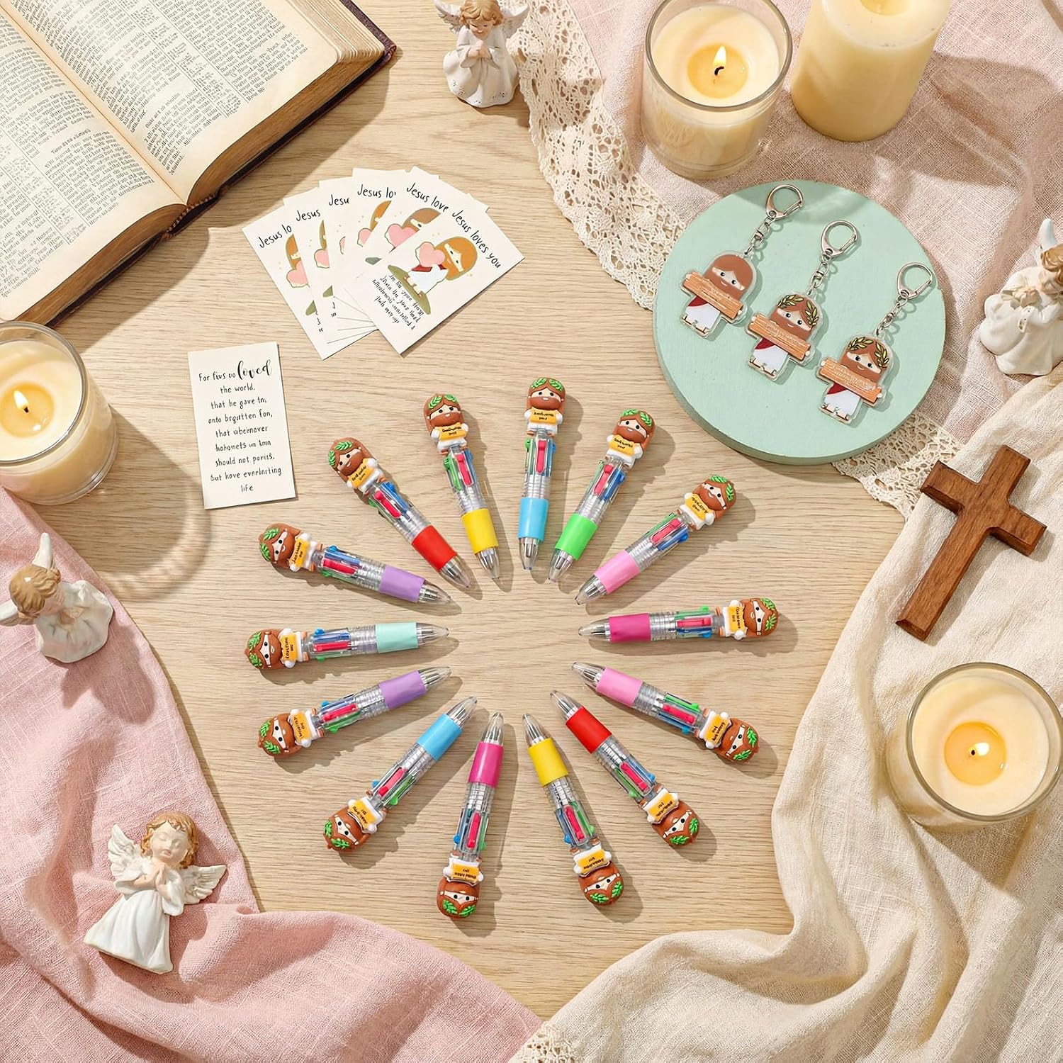 Motiskyy 24 Sets Little Jesus Figure Religious Pens Christian Jesus Multicolor Ballpoint 4-in-1 Pens Keychain Inspirational with Cards Gifts for Church Baptism Party Favor