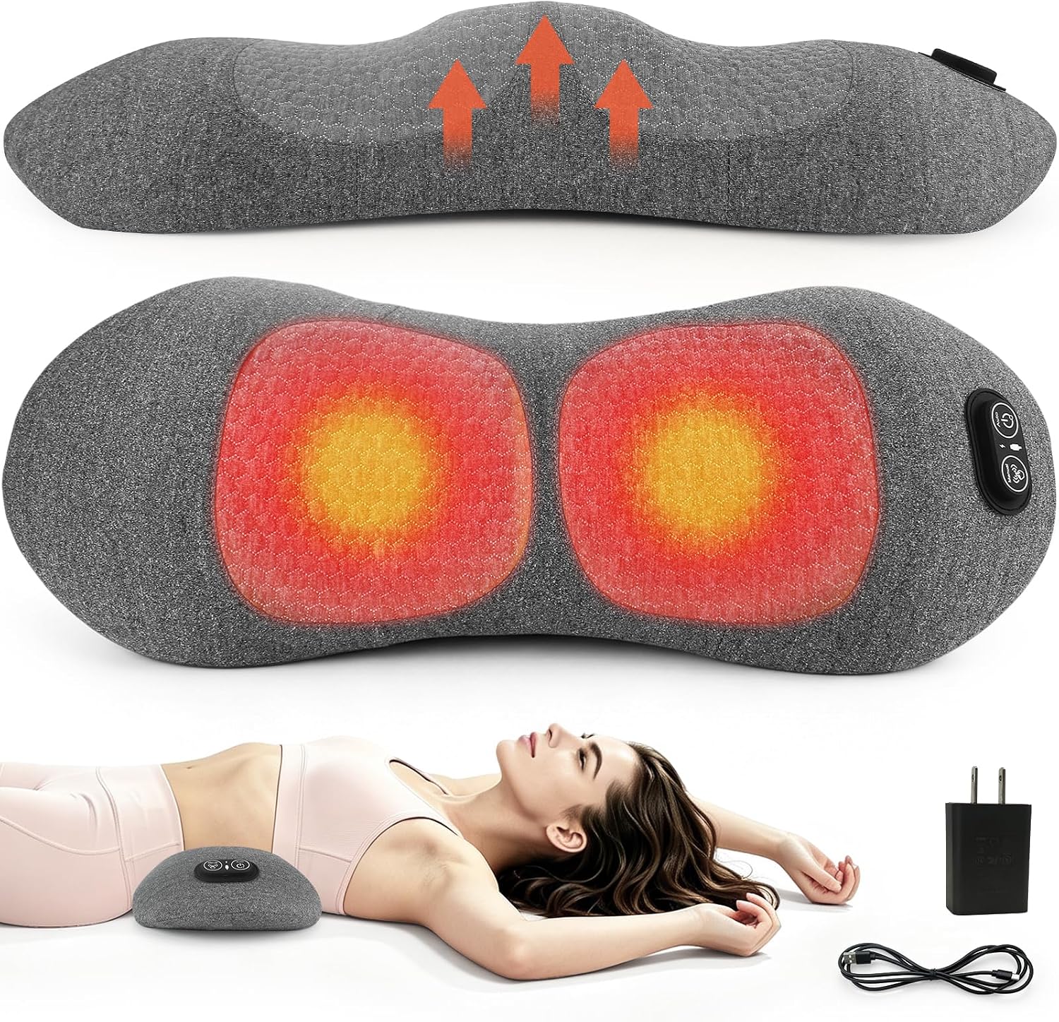 3-in-1 Lumbar Support Pillow with Heat & Massage, Ergonomic Memory Foam Lower Back Massager for Pain Relief Deep Tissue, Ideal for Break Car Bed Sleep Read Office Chair
