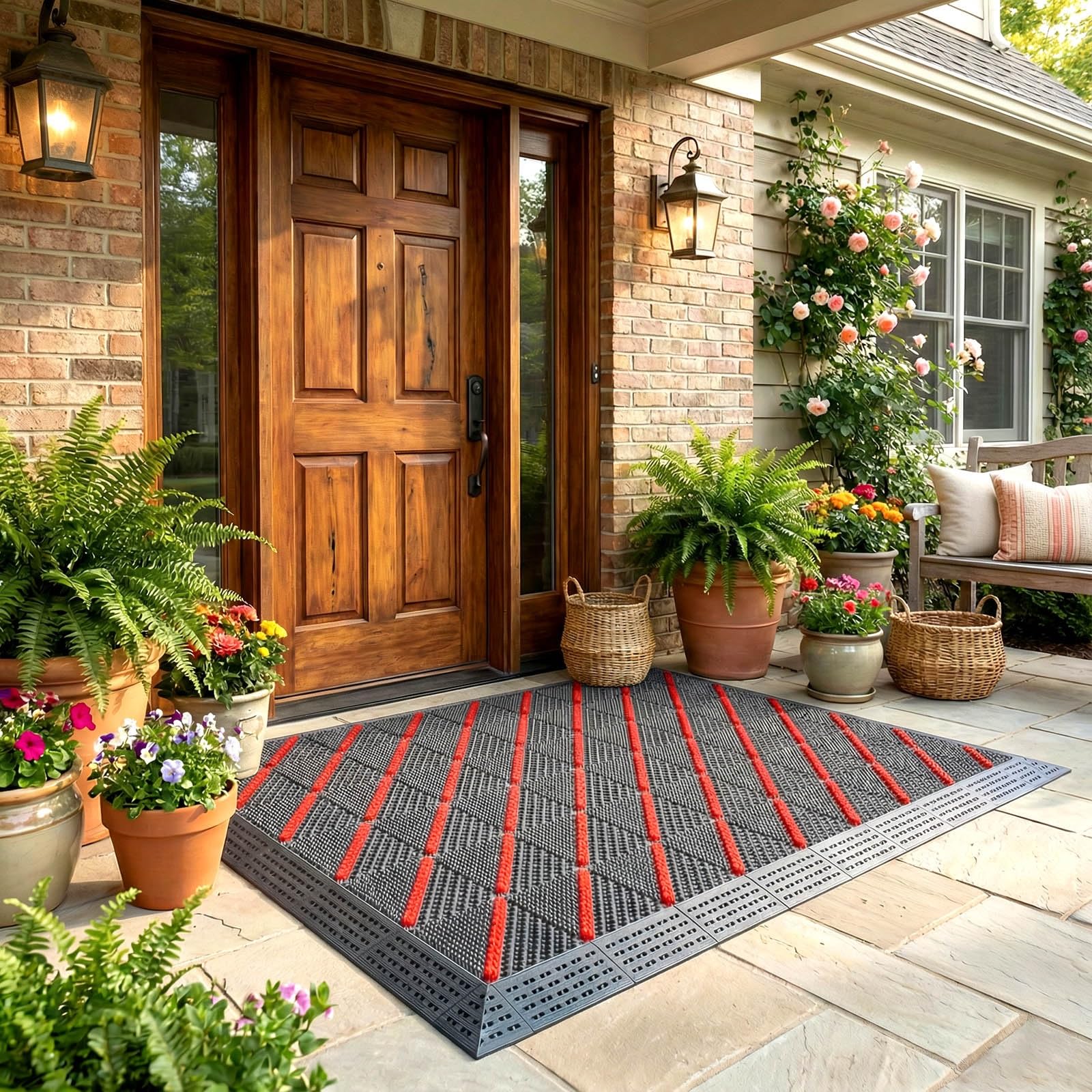 Tapete de entrada de EVA para todo tipo de clima con cepillo rascador y diseño entrelazado, tapete impermeable resistente para puerta interior, garaje, patio, jardín