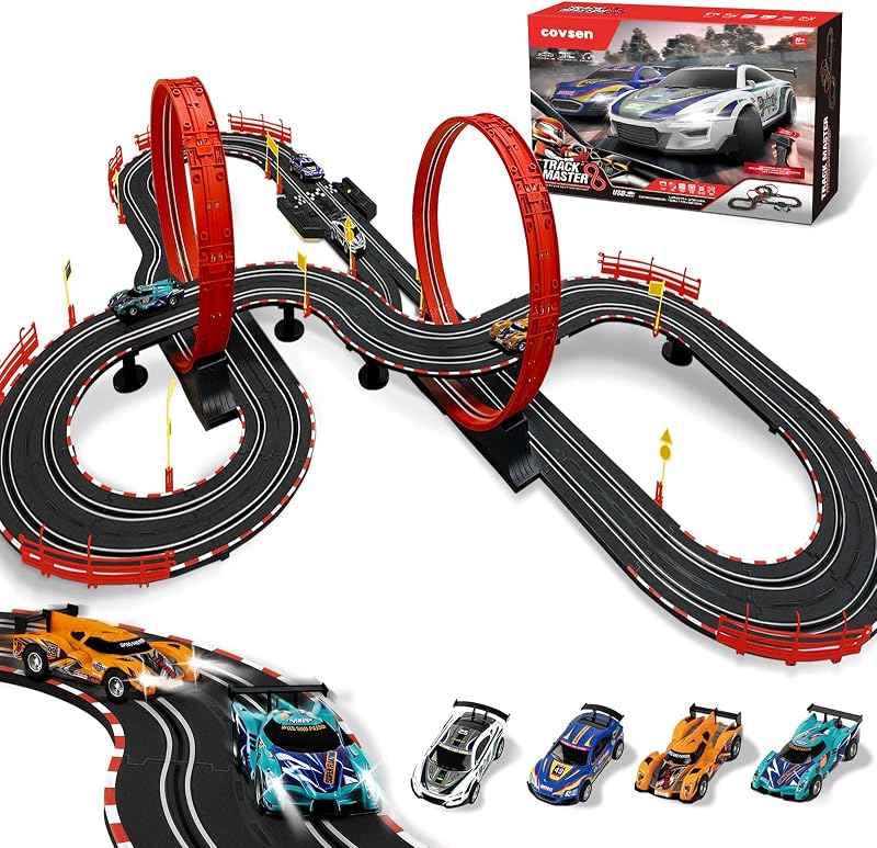 Juegos de pistas de carreras de autos tragamonedas para niños - Pista de autos de carreras eléctricos de 30 pies | con 4 autos tragamonedas (1:43), contador de vueltas, juego de carreras dual y múltiples tipos de pistas: juguetes de regalo de cumpleaños y Navidad para edades de 8 a 13 años