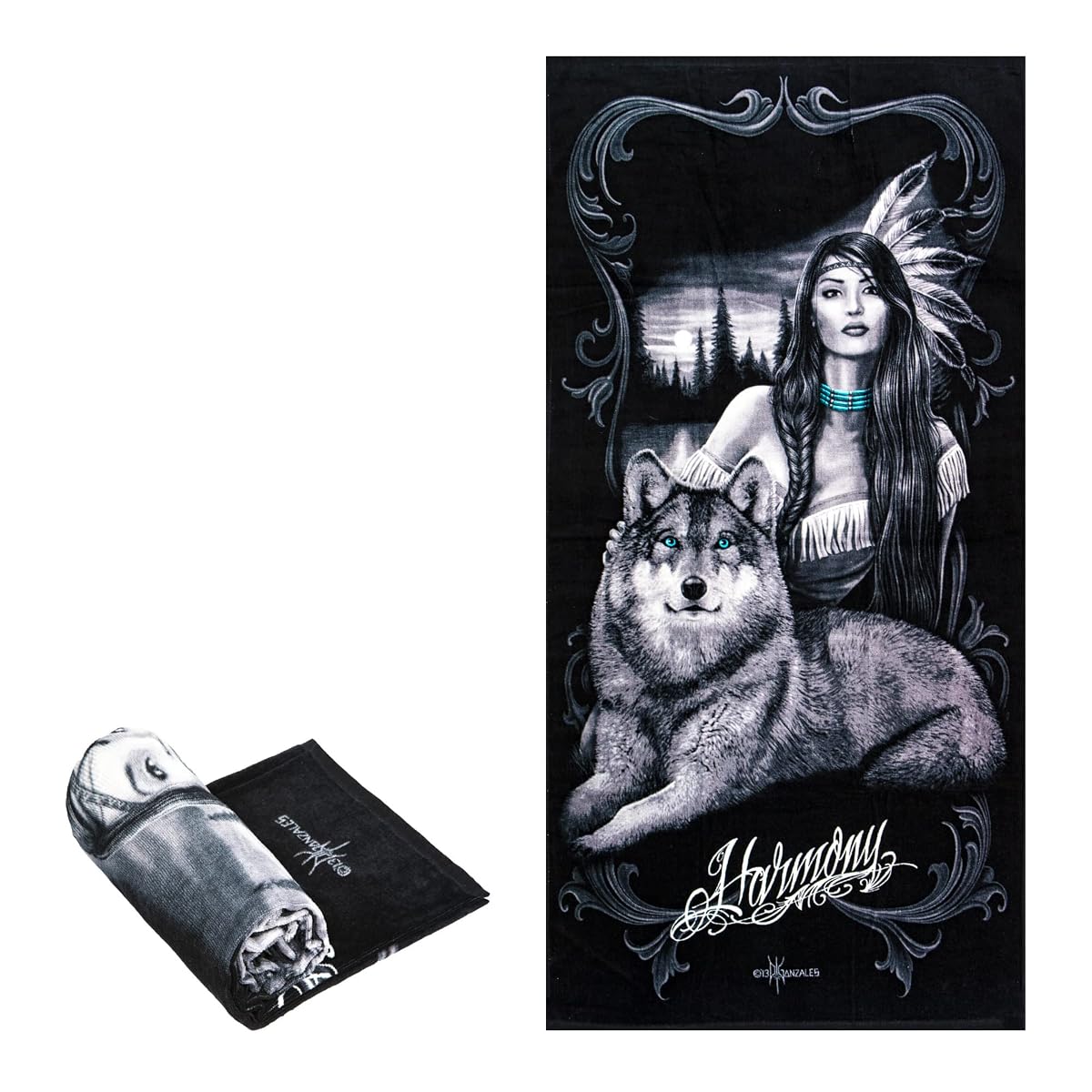 Harmony Native Girl and Wolf Fiber Reactive Beach Towel