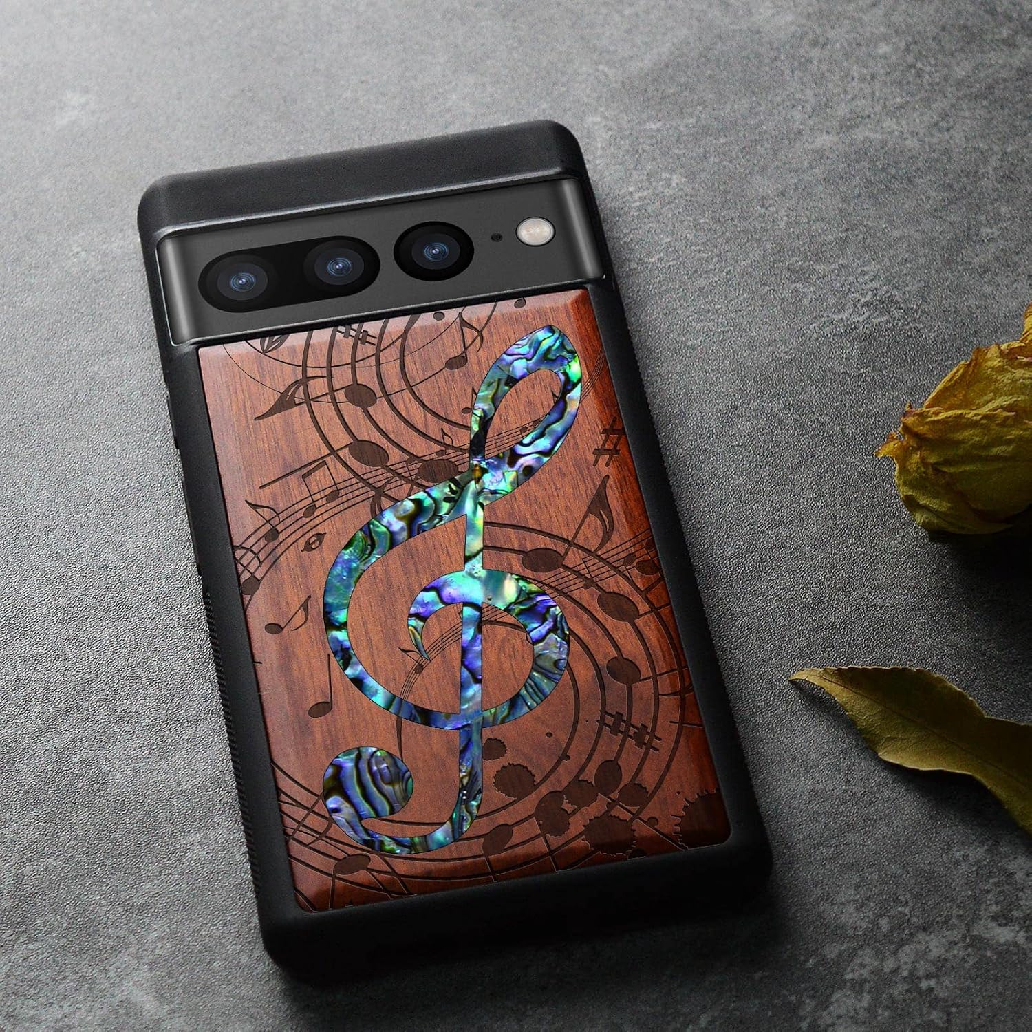 Carveit Designer Wooden Case for Google Pixel 7 Pro Case [Wood Engraving & Shell Inlay] Unique Wood Cover Compatible with Wireless Chargers Pixel 7 Pro (Musical Note-Rosy)