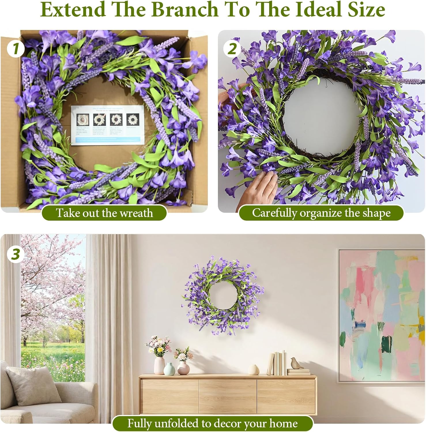 Purple Spring Wreath for Front Door, 24 Inch Forsythia Wreath with Green Leaves, Artificial Lavender Wreath with Grapevines Base for Easter Farmhouse All-Season Home Indoor Outdoor Wall Decor image 4
