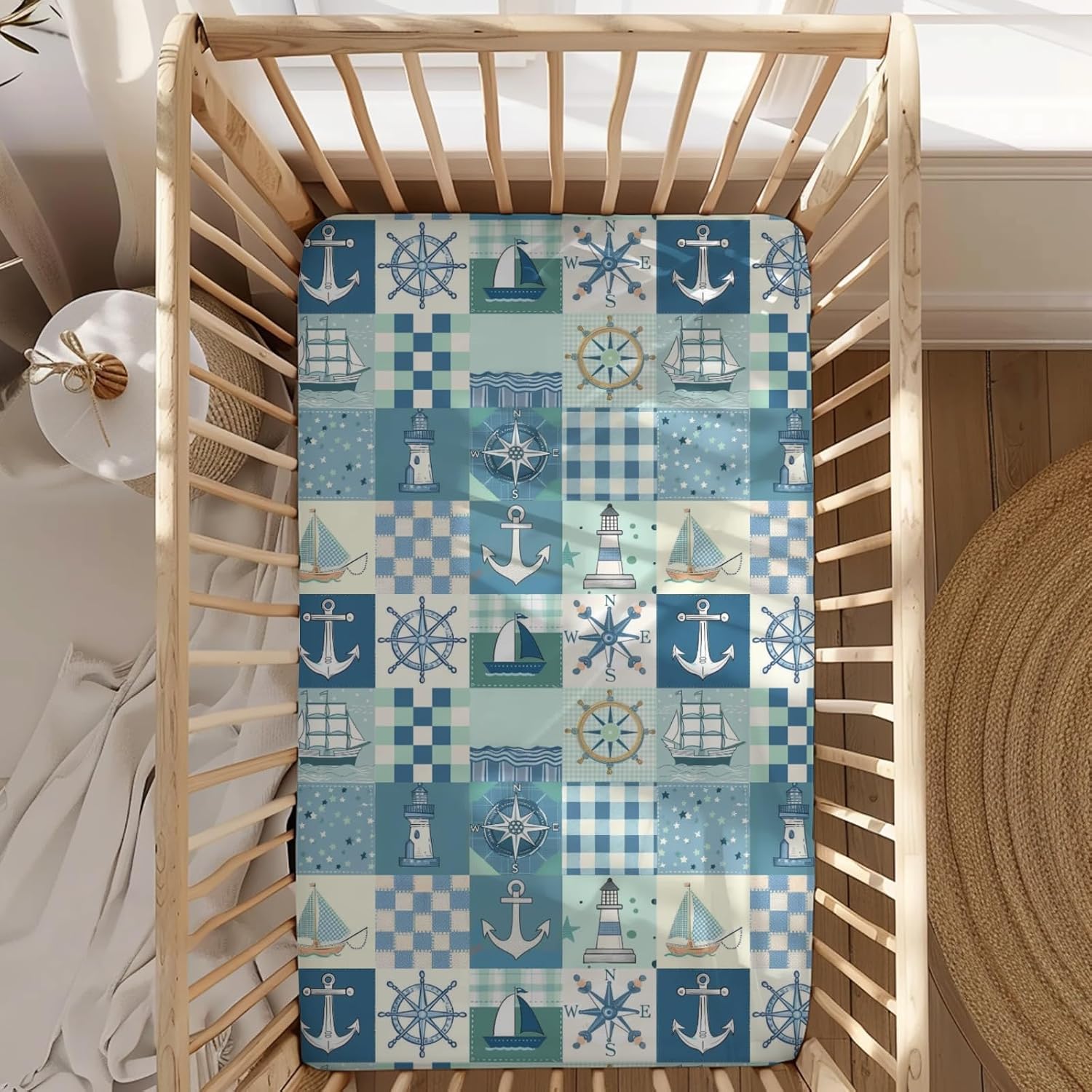 Sailor Boats Lighthouse Checkered Patchwork Pattern Baby Sheets for Crib, Unisex Ocean Nursery Fitted Bed Sheet for Boys Girls Standard Crib and Toddler Mattress-28x52