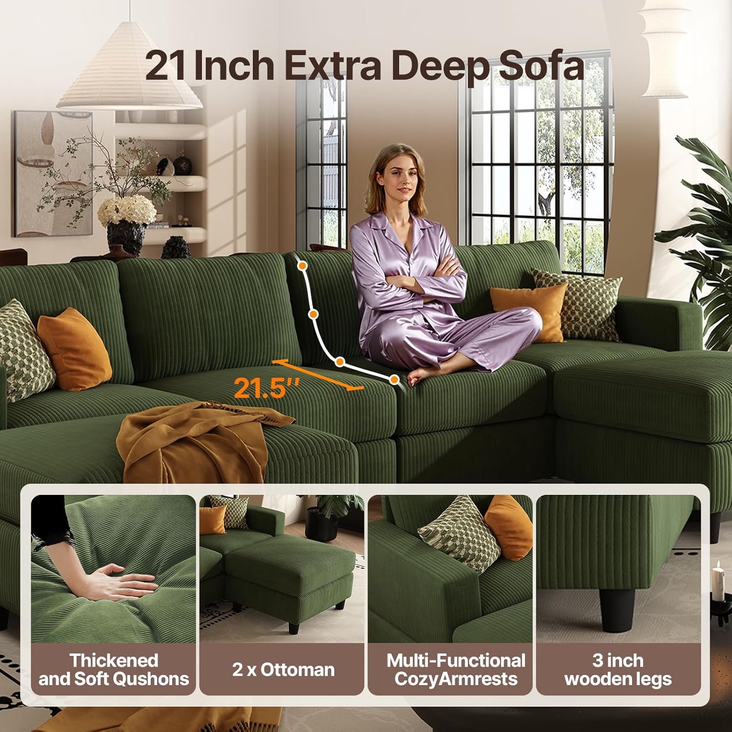 Green Sectional Sofa Modular, 101" U Shaped Cloud Couch Sectional Sofas for Living Room, 6 Seater Large Cozy Couch with Ottoman, Corduroy Sofa (Green, U-Shaped 6 Seats)