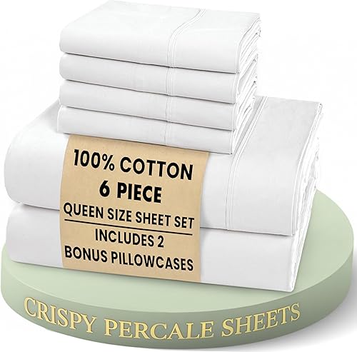 Miniatura 8 de RUVANTI Juego de 6 sábanas de algodón - Sábanas de cama de percal crujiente de algodón 100% natural, suaves, ligeras y transpirables, juego de