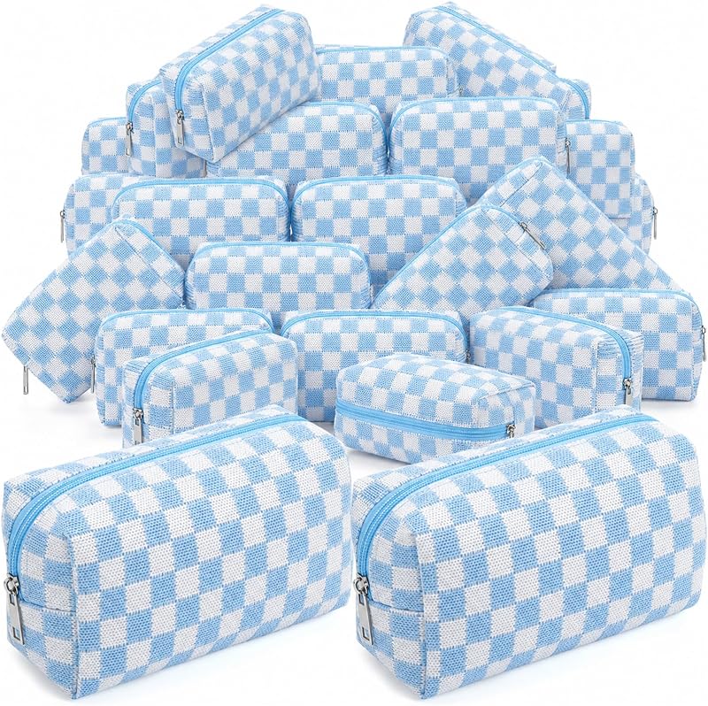 Necessaire de maquiagem SOIDRAM xadrez azul-claro com zíper, Pacote com 36 unidades