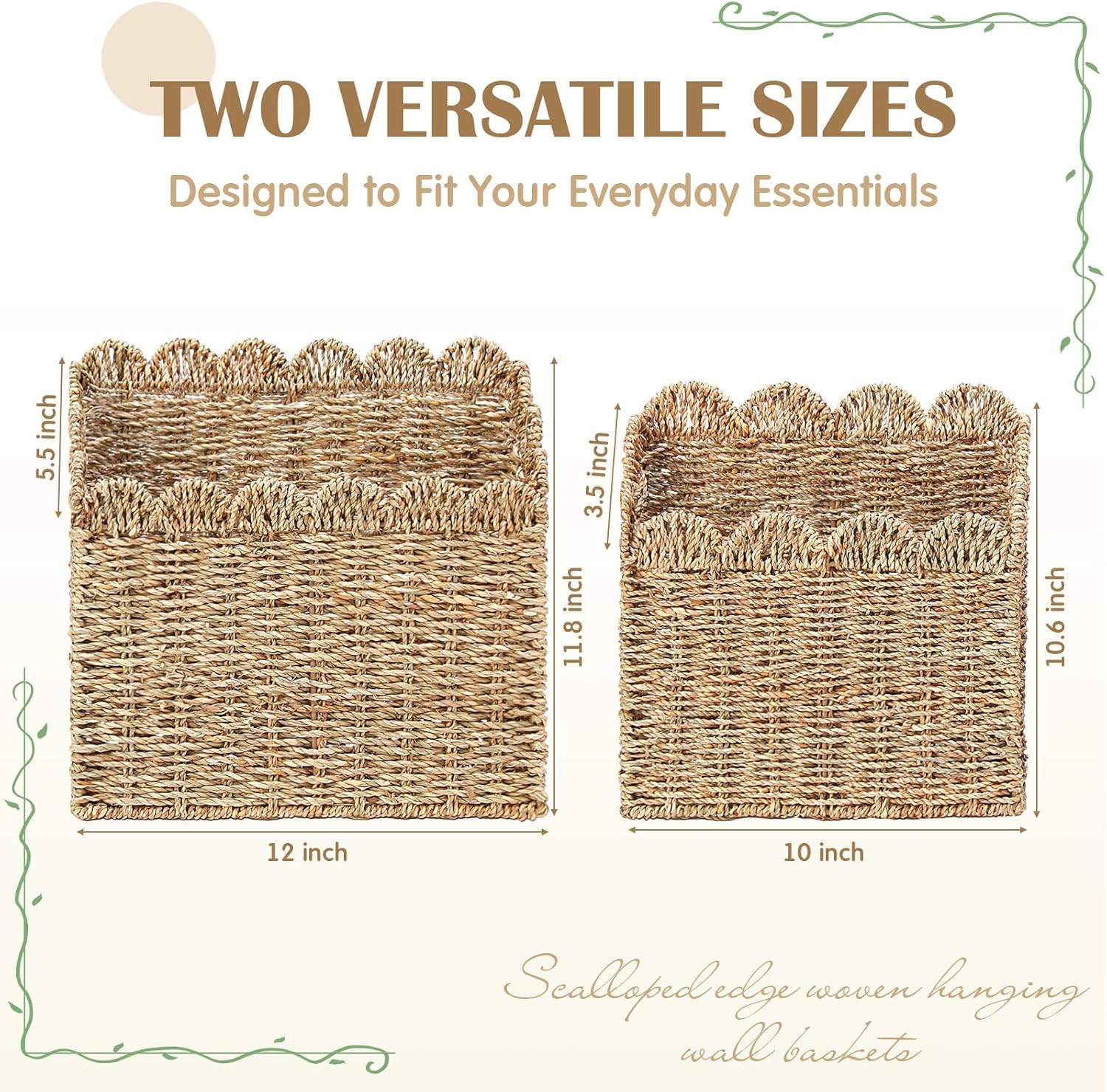 2 Pack Scalloped Seagrass Basket for Organizing Woven Wall Baskets for Front Door Mail Flowers Books Accessories Boho Rustic Farmhouse Wall Decor