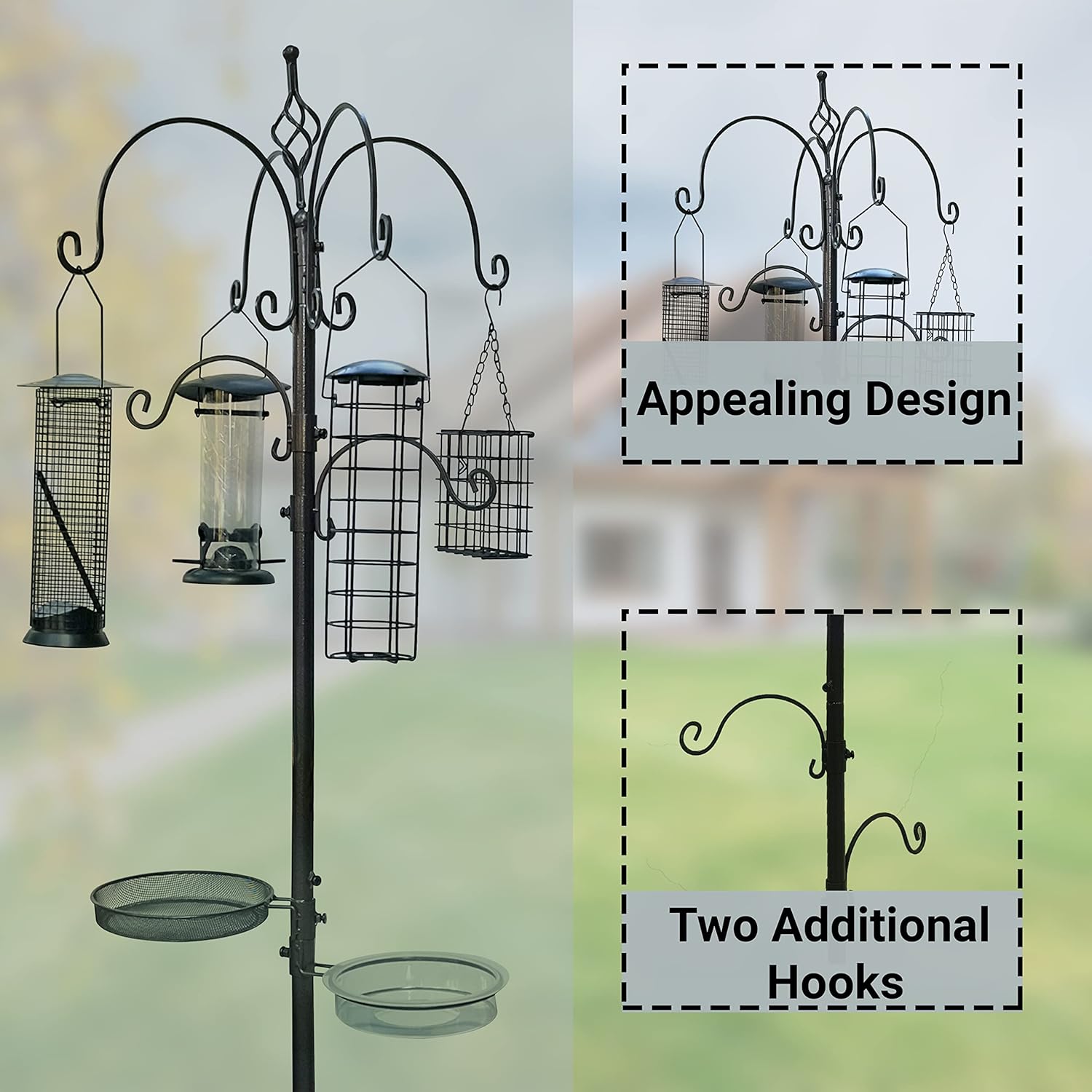BTEXPERT 6-Hook Bird Bath Feeding Station Kit, 4 Wild Bird Multi Feeders Pole Steel Hanging Stand Planter Suet Wire Peanut Tube Feeder Attract Birds 22" Wide x 96" Tall Mesh Tray 5-Prong Base Bronze