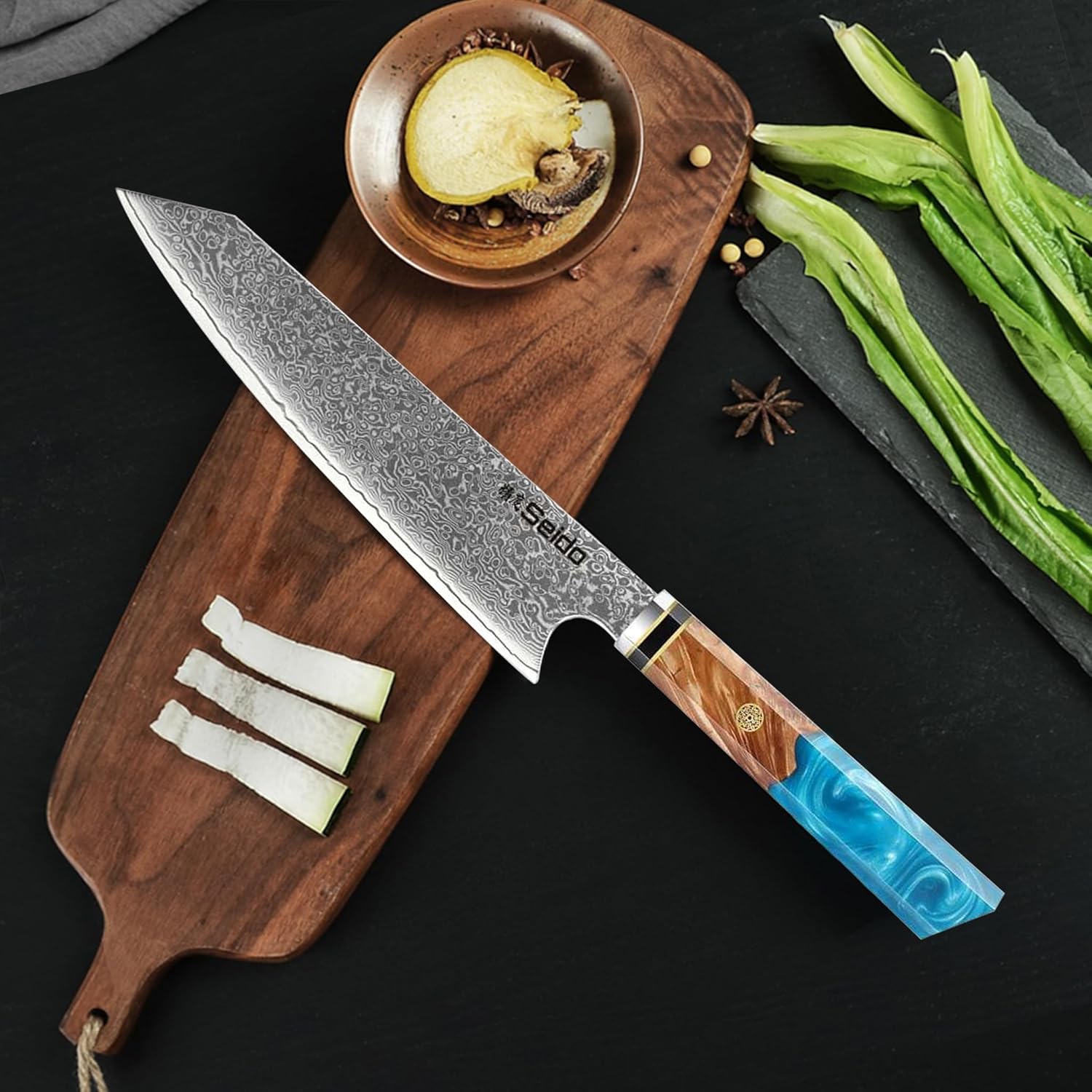 Seido Knives Kiritsuke Damascus Steel Chef Knife Epoxy Resin Stabilized Wood Handle Professional Kitchen Knife VG10 High Carbon Stainless Steel, Sky Blue