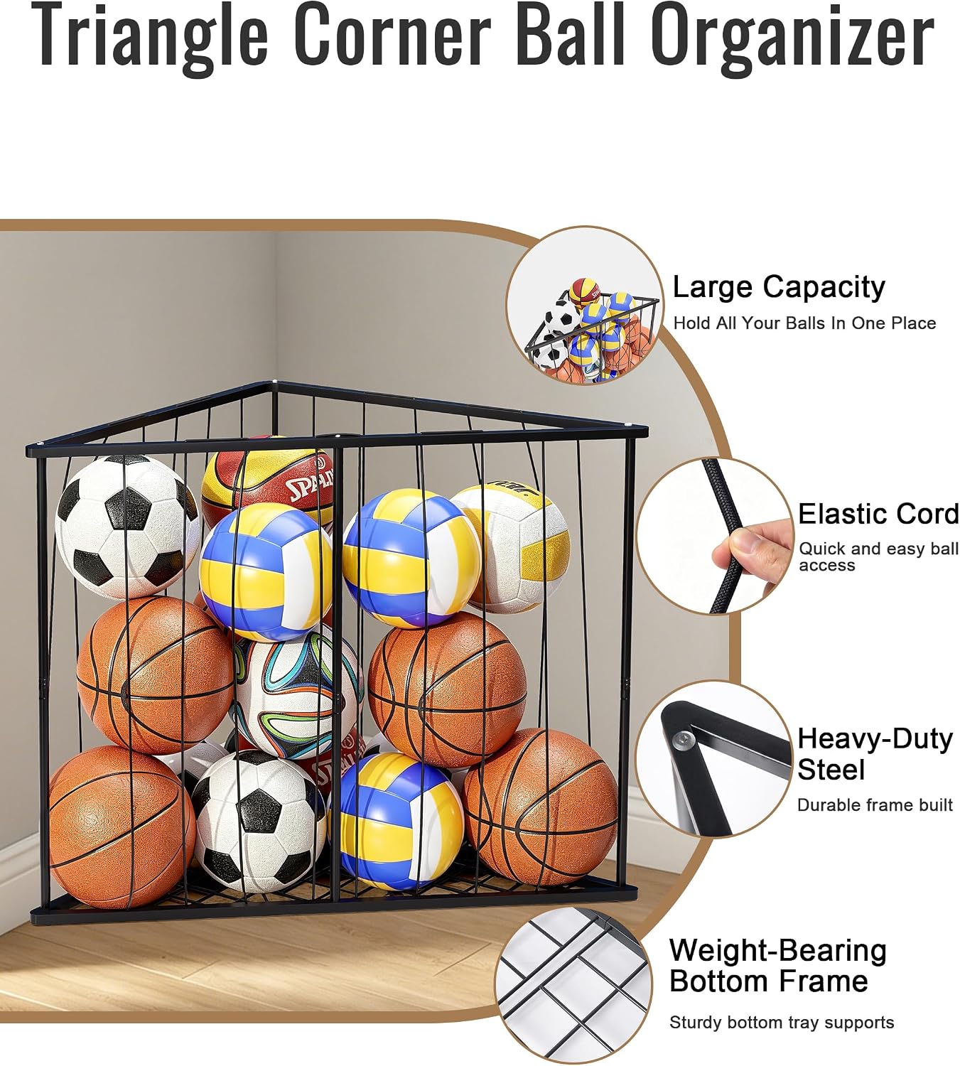 Triangle Corner Ball Storage Rack, Heavy Duty Metal Sports Ball Organizer for Garage, Adjustable Elastic Cords Holds 20+Balls, Space Saving Ball Holder for Gym Basement Playroom Garage