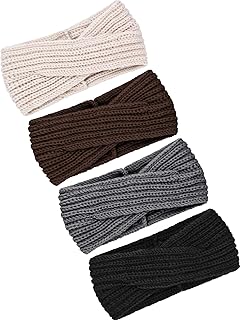 4 Pieces Winter Chunky Knit Headbands Braided Knitted Head Band Ear Warmer Crochet Head Wraps for Women Girls (Black, Beige, Grey, Coffee)