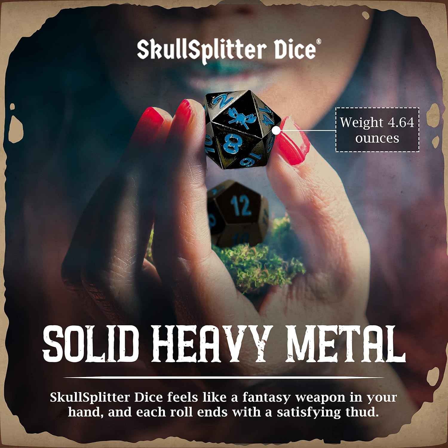 SkullSplitter Metal DND Dice Set - Black with Blue Numbering - Set of 7 Solid Polyhedral Metal Dice for RPG - Heavy Duty DND Dice for Tabletop RPG, Fantasy and Sci-Fi Games - Includes Metal Case