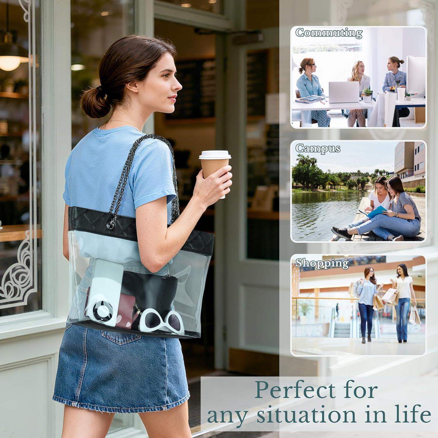 MICOM Candy Color 2 in 1 Chain Strap Clear Handbags Transparent Tote Purses for Women Shoulder Work Bag
