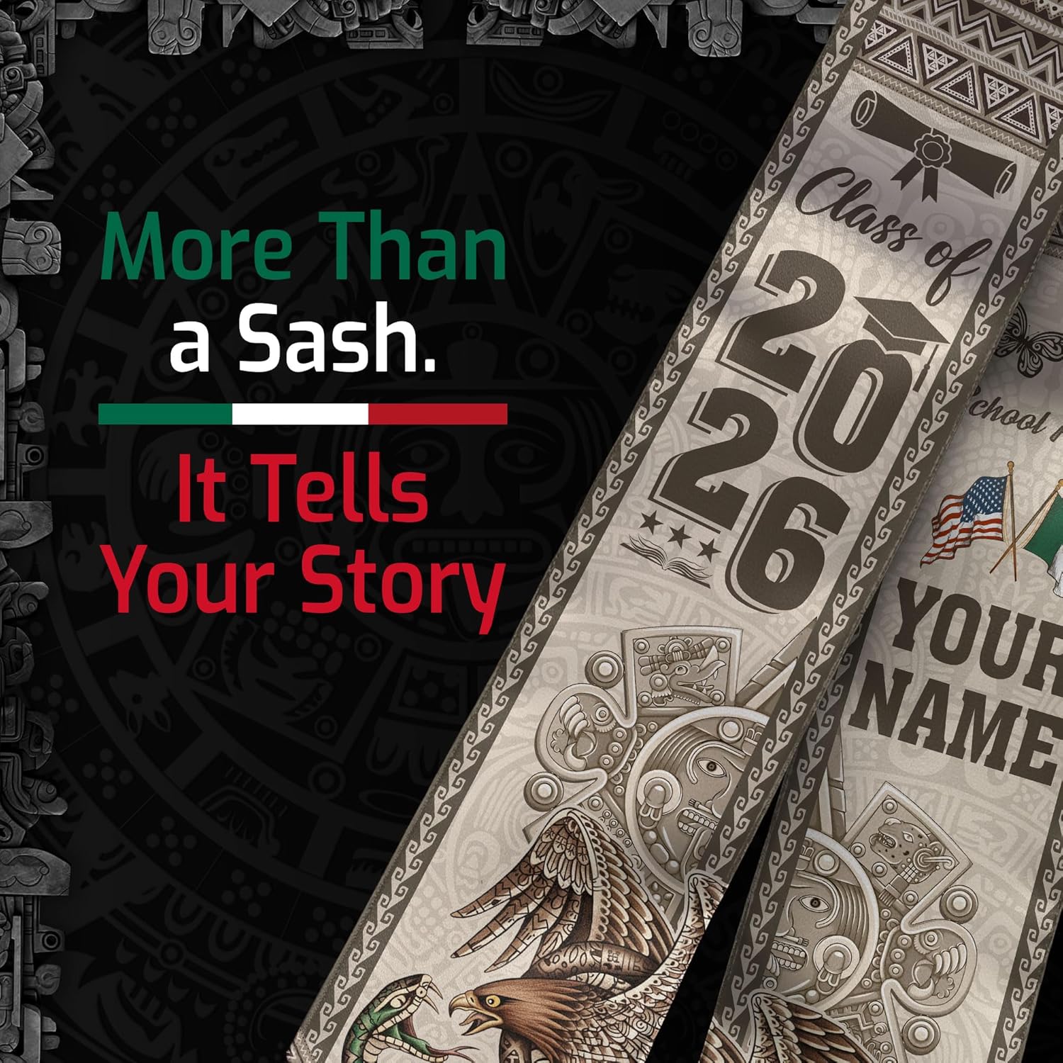 Custom Mexican Graduation Sash 2026 With Aztec Patterns, Graduation Stole Mexico 2026, Mexican American Stole