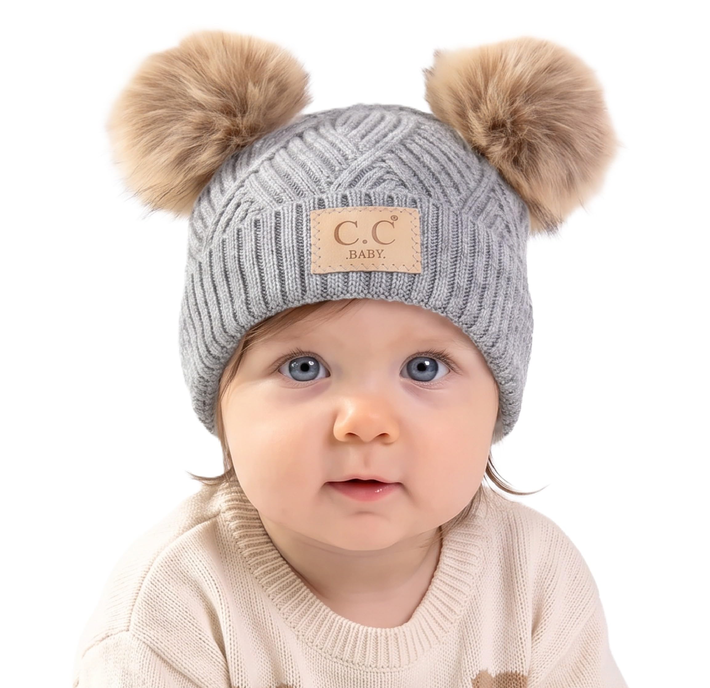 C.C Baby Soft Stretch Cable Knit Winter Beanie Hat with Faux Fur Pom Pom