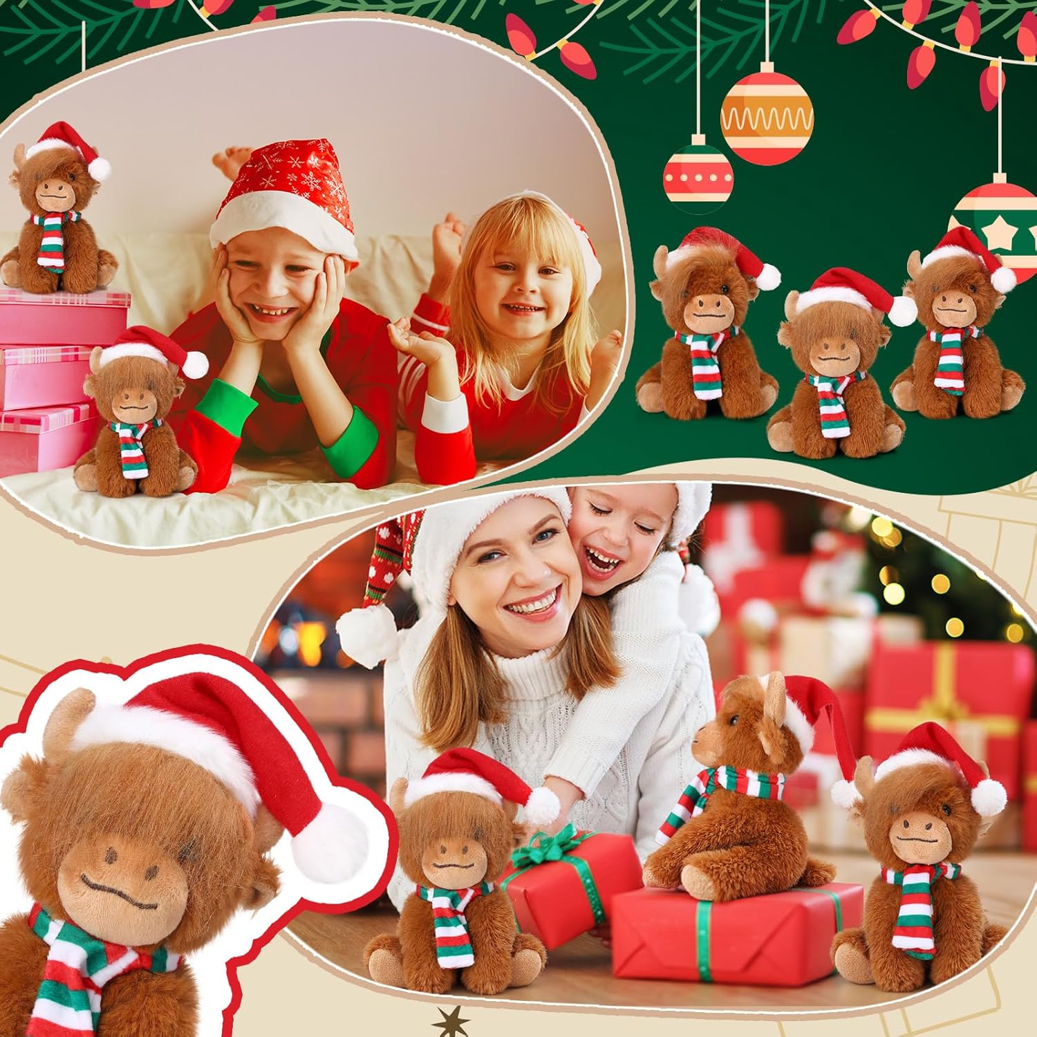 12 Pcs Christmas Highland Cows Stuffed Animal, 6 Scottish Cow Plush, Realistic Highland Cattle Plush with Santa Hat and Scarf for Stocking Xmas Party Favor Ornaments Decor (Christmas)