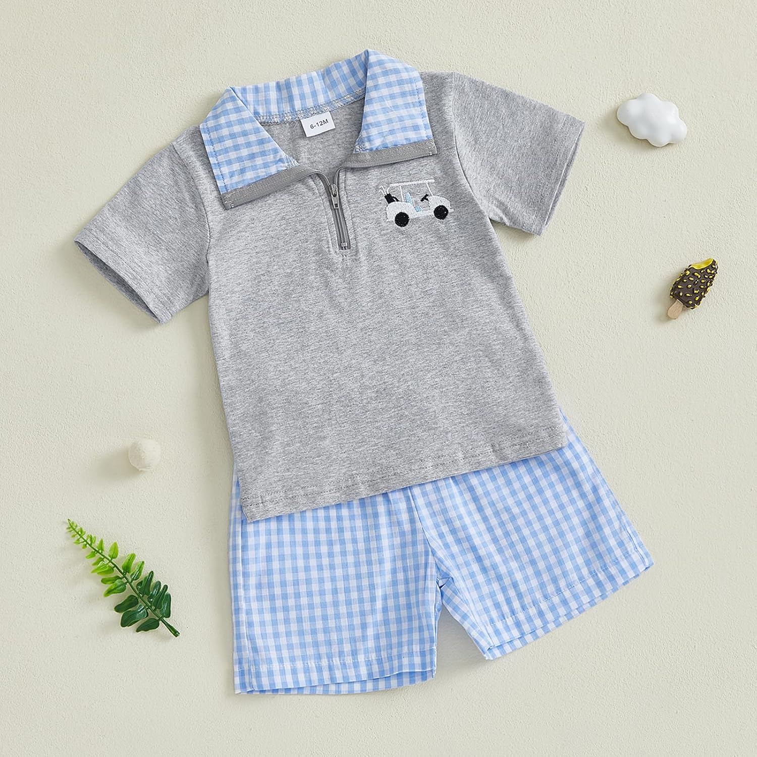 Toddler Baby Boy Summer Outfit Embroidered Quarter Zip Short Sleeve Collared Shirt Plaid Shorts Set Clothes