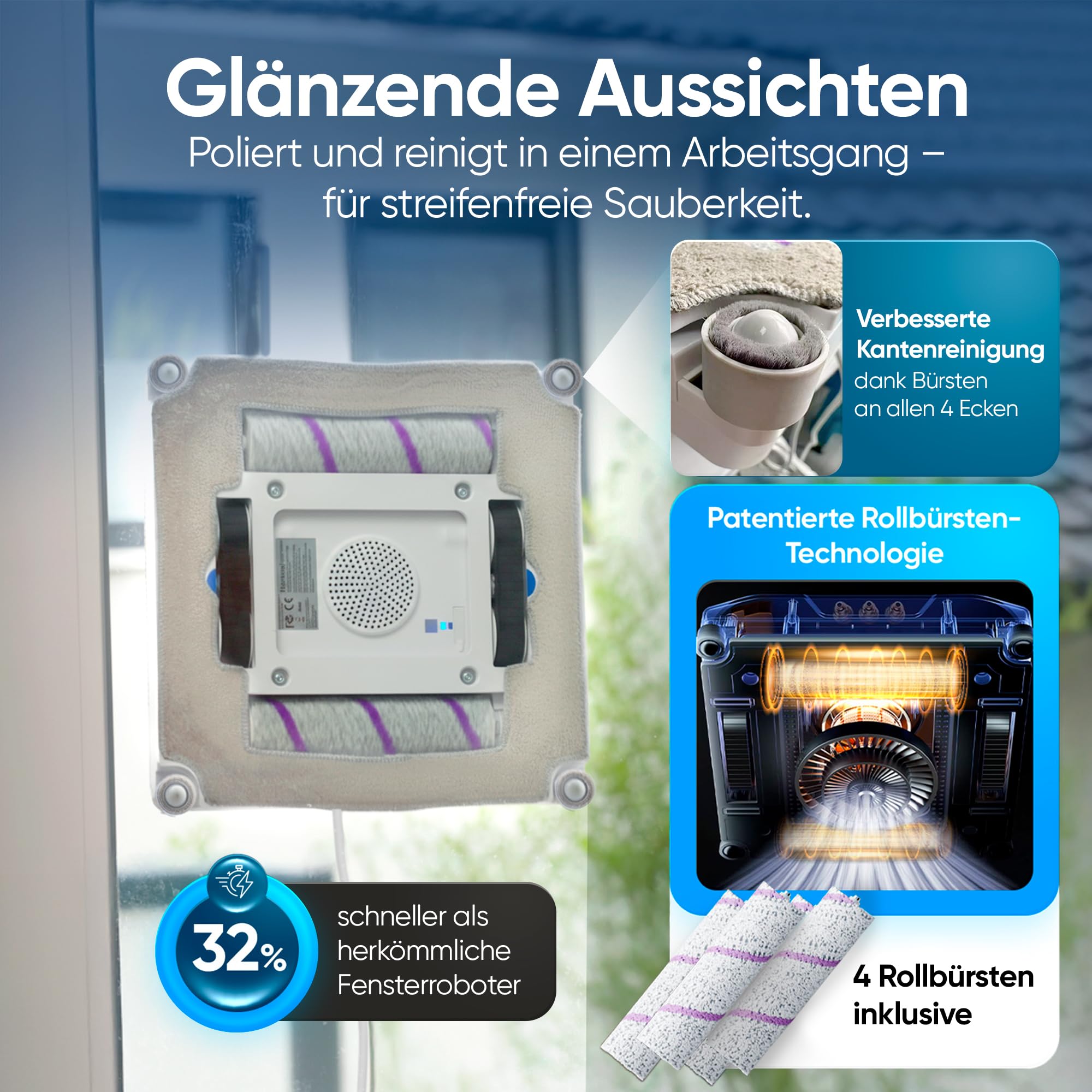 Fensterputzroboter [patentierte Rollbürsten] Fensterputzer elektrisch mit App-Steuerung [deutsch] Fensterroboter 3-Düsen Sprühfunktion & Anti-Fall-Sensoren | Winbot Roboclean Window Cleaning Robot