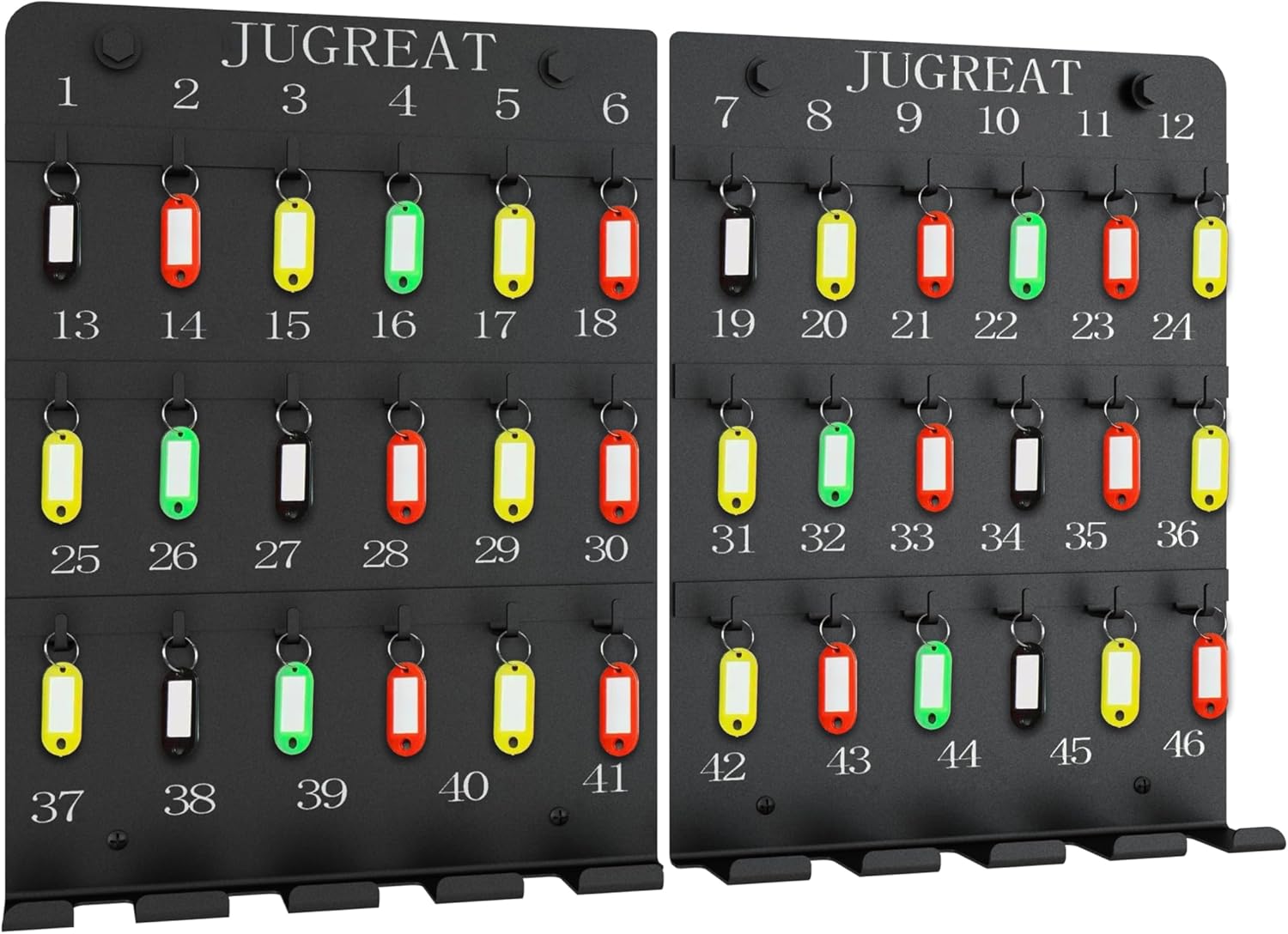 JUGREAT Metal Key Hooks Board with 46 Hooks,Key Holder for Wall, Metal Key Rack with 38 Key Tags,Wall-Mounted Key Hanging Board for Garage, Car Dealer, Office, Hotel, Real Estate(Matte Black
