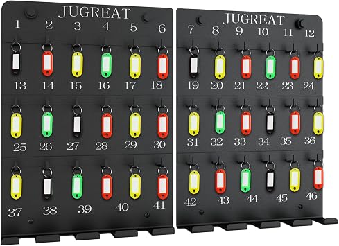 JUGREAT Metal Key Hooks Board with 46 Hooks,Key Holder for Wall, Metal Key Rack with 38 Key Tags,Wall-Mounted Key Hanging Board for Garage, Car Dealer, Office, Hotel, Real EstateMatte Black