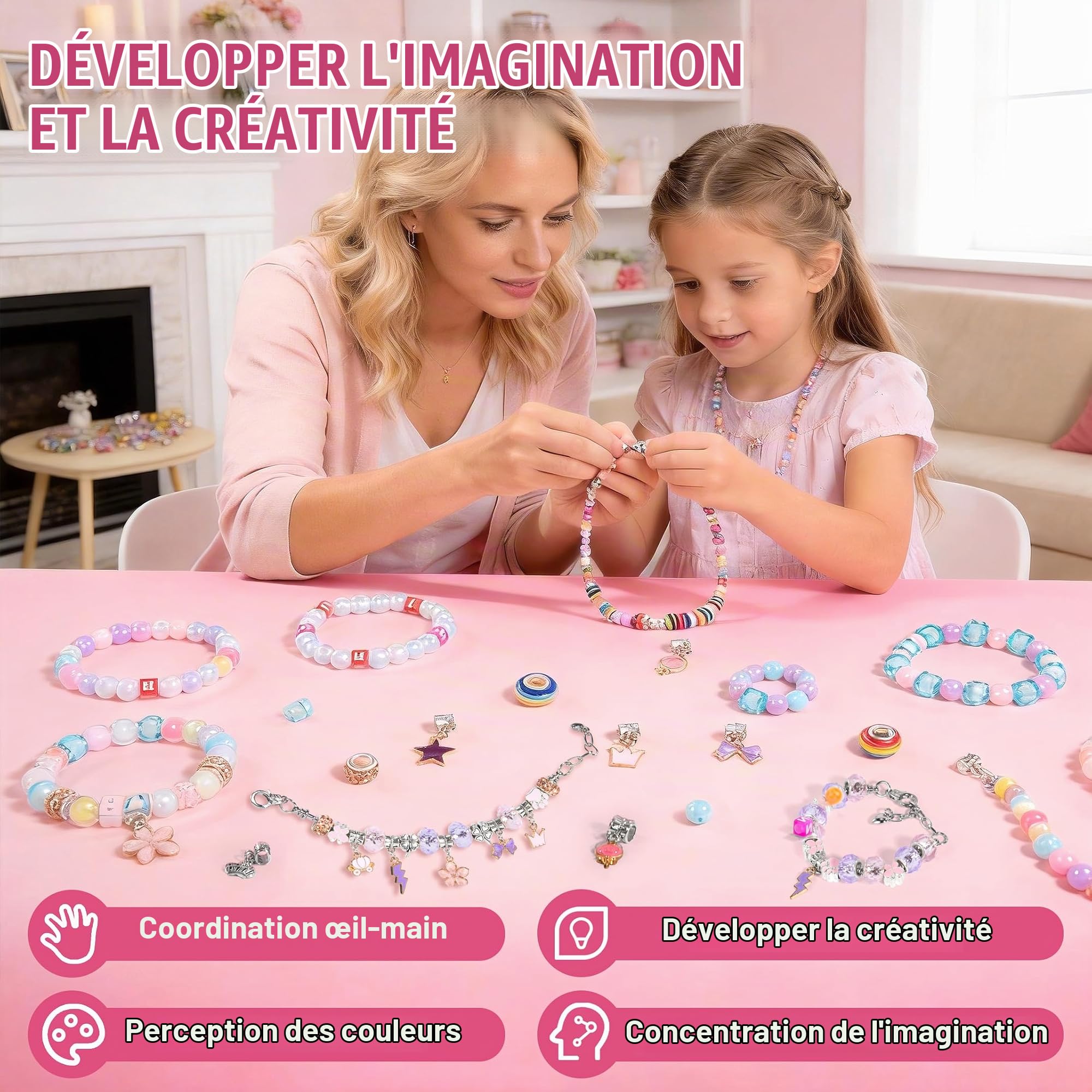 WOANZZ Kit Fabrication Bijoux Fille - Coffret Création Bracelet Breloque & Collier avec Perles, Boîte de Rangement avec Miroir, Jeu Créatif Activité Manuelle, Cadeau Fille 4 à 12 Ans, Rose