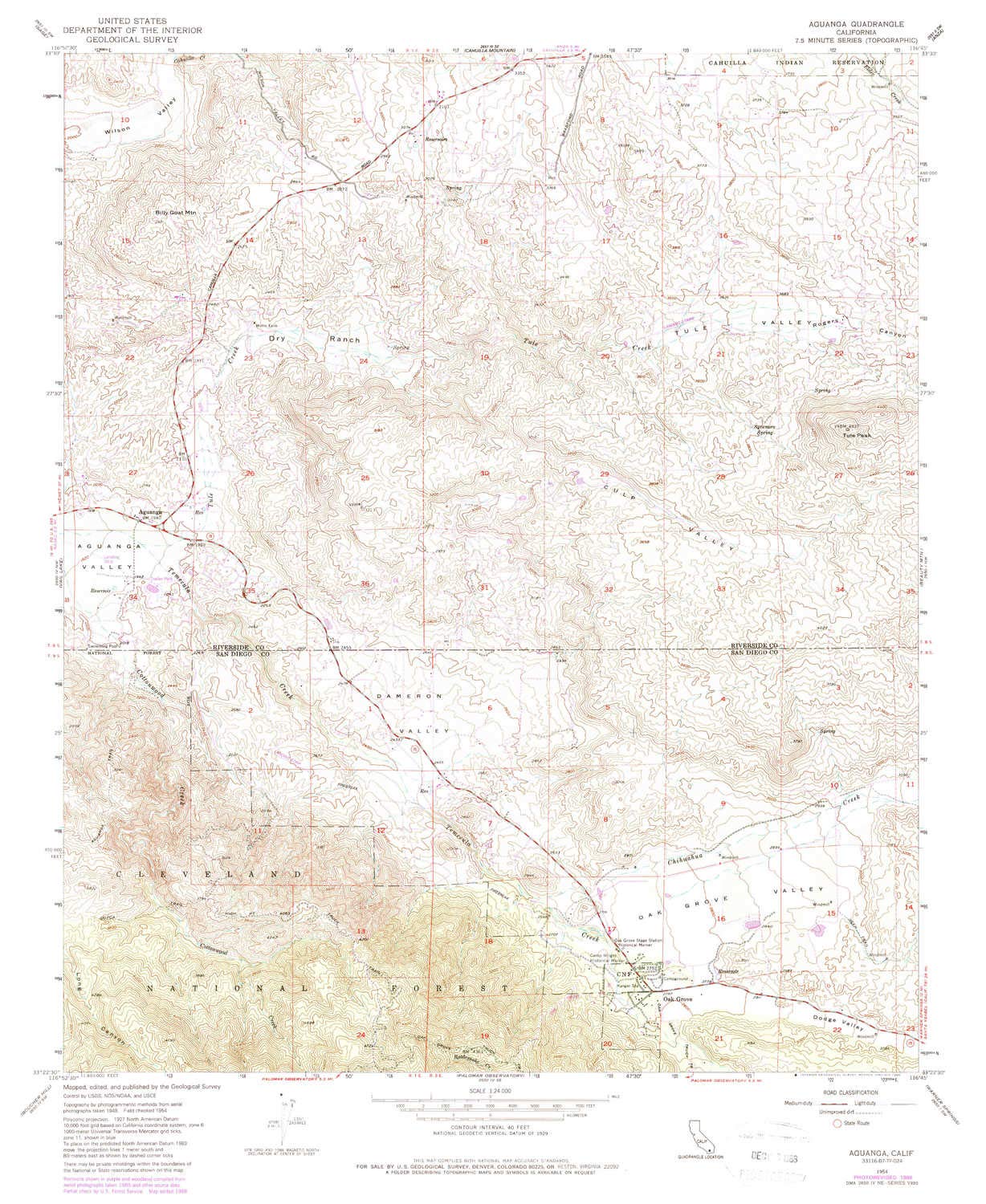 YellowMaps Aguanga CA topo map, 1:24000 Scale, 7.5 X 7.5 Minute, Historical, 1954, Updated 1988, 26.9 x 22 in - Tyvek
